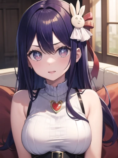 (masterpiece:1.3),((High resolution)),((high quality)),((Super detailed))、1 girl、perfect balance、perfect face、detailed face、cute face、beautiful detailed eyes、Expressive eyes、cute eyes、shiny eyes、perfect body、beautiful body、8k、Hoshino Ai、hair between eyes、hair ornament、ヘアribbon、long hair、one side up、(purple eyes:1.1)、purple hair、Bunny hair ornament、star-shaped pupil、symbol-shaped pupil、六芒star-shaped pupil、belt、ブラックbelt、brooch、dress、ピンクのdress、フリルdress、フリルgloves、gloves、gloves、ハートbrooch、Idol、Idol服、jewelry、ピンクのgloves、赤いribbon、ribbon、タートルネックdress、sitting on the sofa、1girl、Crossed legs、Panty Show