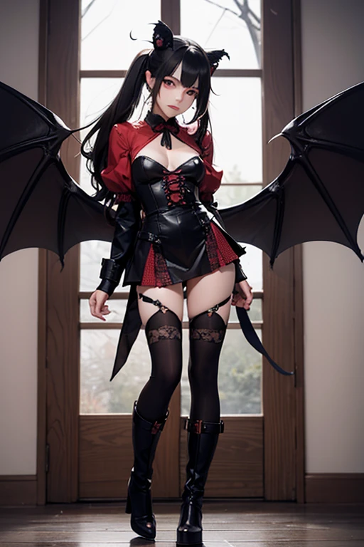 Dragon girls fantasy horror　Lolita sinister dragon　long boots pretty girl　attraction　sexy female dragon with dragon wings on back,dragon tail,cute Hell torture hall style standing action facing mirror　Increase fear(sfw)