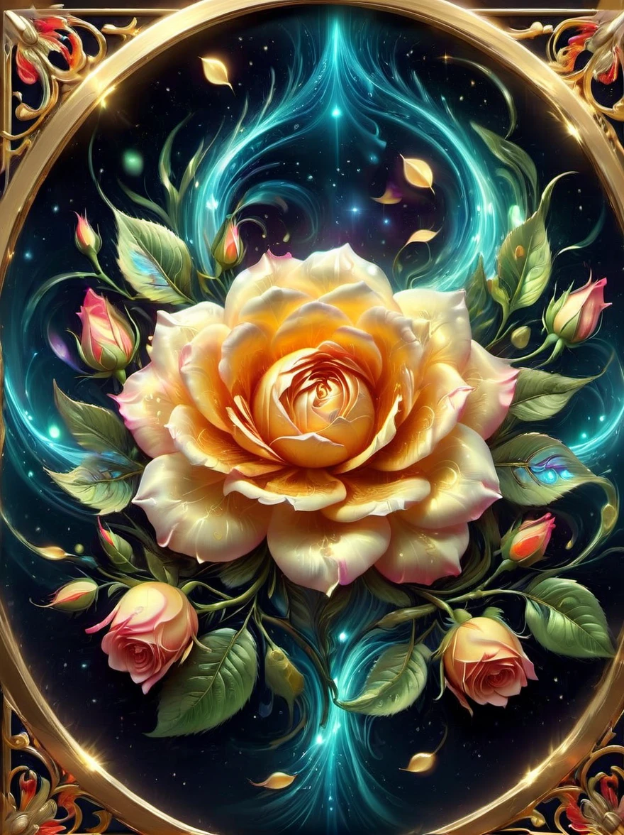 Imagine an exquisite scene featuring a golden, glowing Ace poker card center stage. It's encapsulated by a series of glowing, square-shaped, golden frames, each radiating with a soft luster. This array of frames creates a rich, concentric border enhancing the card's presence. The backdrop enriches the composition further, it consists of a floral pattern of roses. The roses are elegantly detailed, their intricate petals unfurling to add a touch of romance to the scenario.