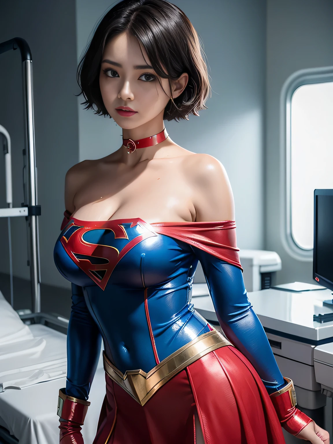 masterpiece、Enamel Supergirl Costume、short hair、Hospital operating table、Crisis situation、big and full breasts、looking at the camera、shiny、off shoulder、choker、long sleeve、red exy poses to seduce、sweaty、model body shape、Glamorous、charm、charming、abused、