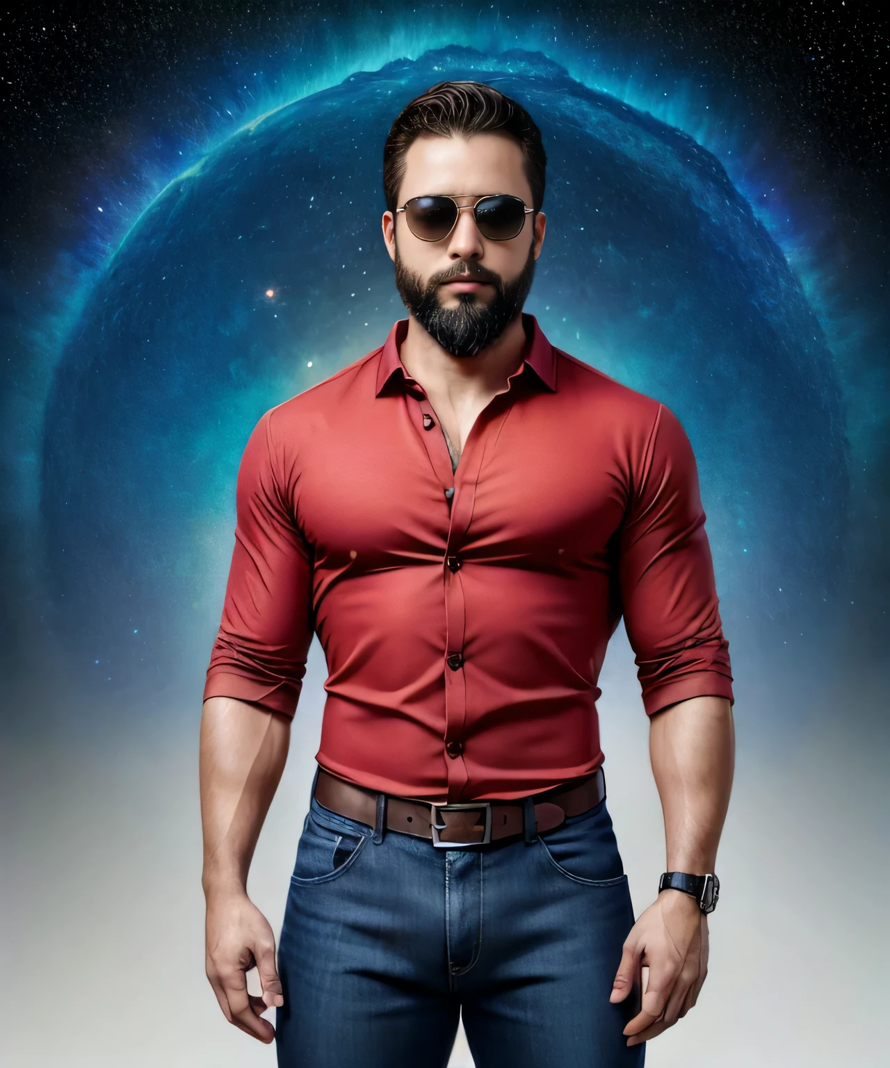 Obra maestra, desenfoque de campo, Parte superior del cuerpo, Hands in pants pockets, 38 year old man with beard and square sunglasses. Man wearing a shirt with a color gradient in the space movie with a solar  explosion in the background.