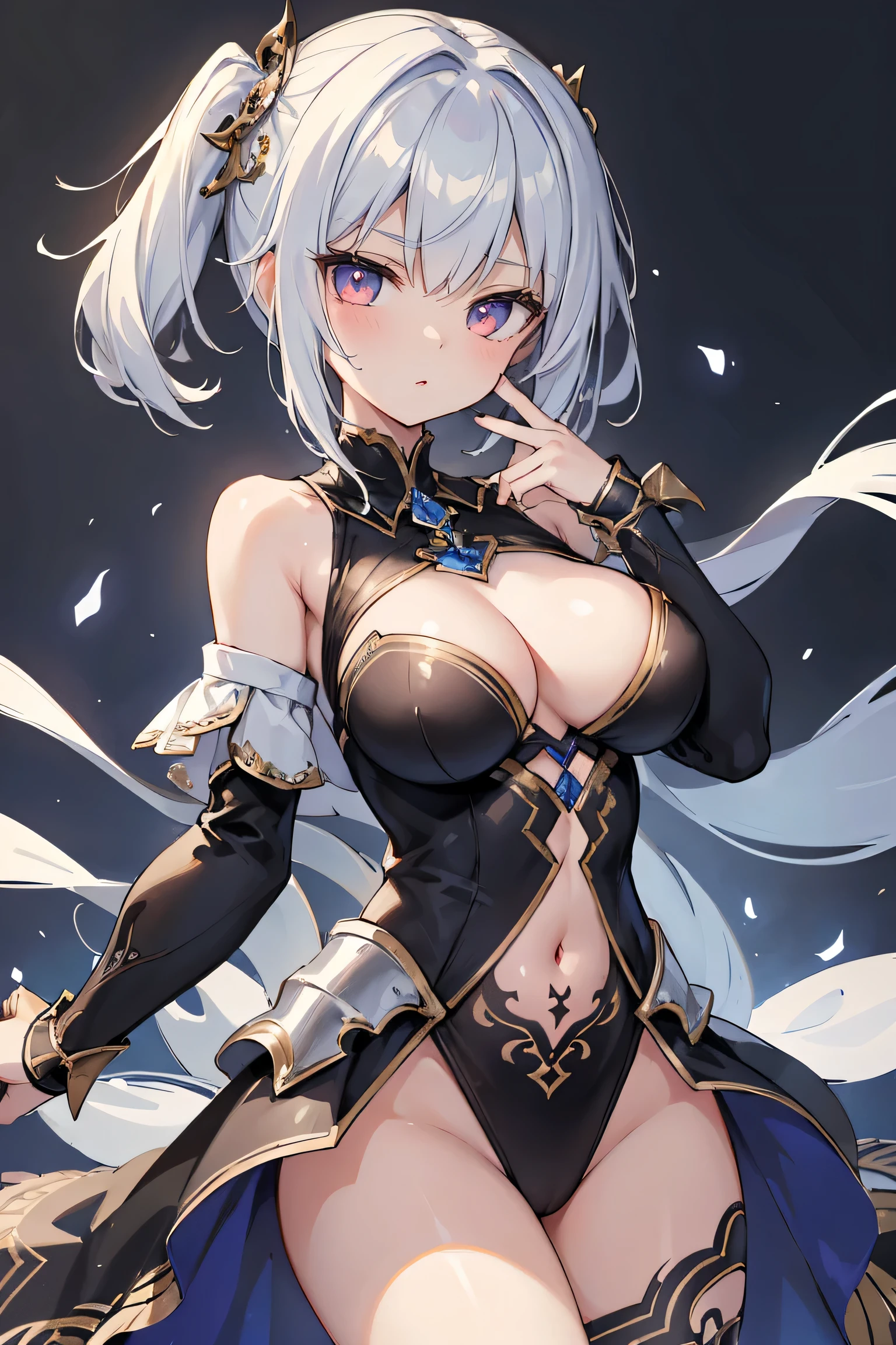 1girl, anime, cute girl, blank background, white background, fantasy, detailed fantasy dress with highlights, beautiful face, beautiful eyes, dark colors, black hair with multicolor streaks, red eye with different color pupil in eye, multicolor eye, medium small breasts (slightly big), slight cleavage, beautiful skin, cute, breast curtains, extremely delicate and beautiful, (beautiful detailed face:1.0), (detailed deep eyes), symmetrical breasts, deep eyes, shiny skin, portrait, slender waist, hips wider than shoulders, thighs, expressionless, young girl, luminous eyes, adorable,(Kpop idol),(aegyo sal:1),(Platinum blonde hair:1),((puffy eye)),Black panty,sexy posture,Superskirt, ultra high resolution,Black collar,slim figure, Abdominal y tattoo, womb tattoo,Tight-fitting leg ring,y tattoo on half-body,Bare skin, Armored hand,Hidden fingertips,Hand covered,Arm covered,Fist covered,{{beautiful detailed fingers}}, tufts of hair, moderate beautiful breast:1.0,(masterpiece:1.2), best quality, high-res, HDR, perfect face, intricate armor, delicate blue filigree, intricate filigree, red metalic parts, detailed part, dynamic pose, dynamic lights, cute face, neutral expression
