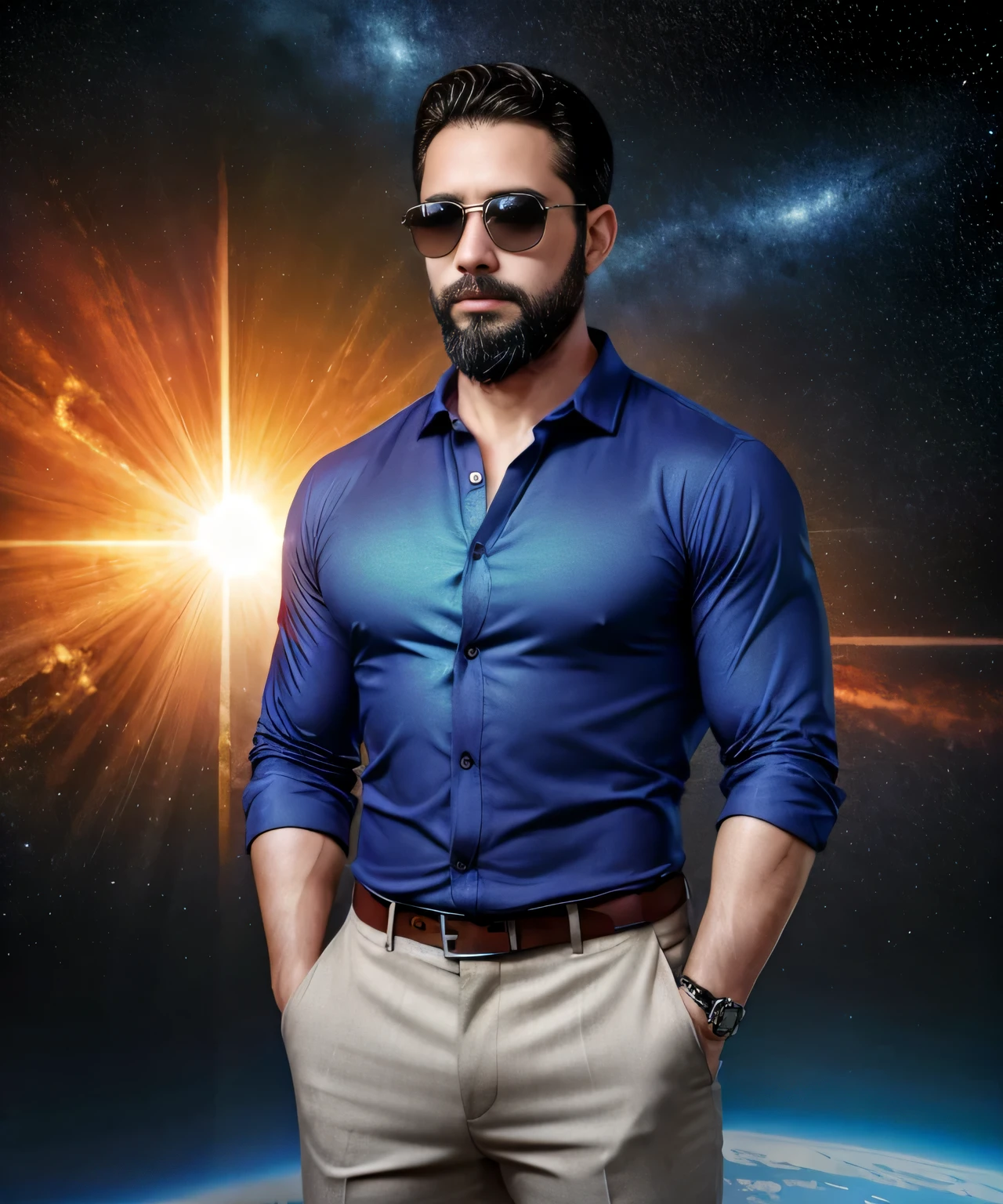 Obra maestra, desenfoque de campo, Parte superior del cuerpo, Hands in pants pockets, 38 year old man with beard and square sunglasses. Man wearing a shirt with a color gradient in the space movie with a solar  explosion in the background.