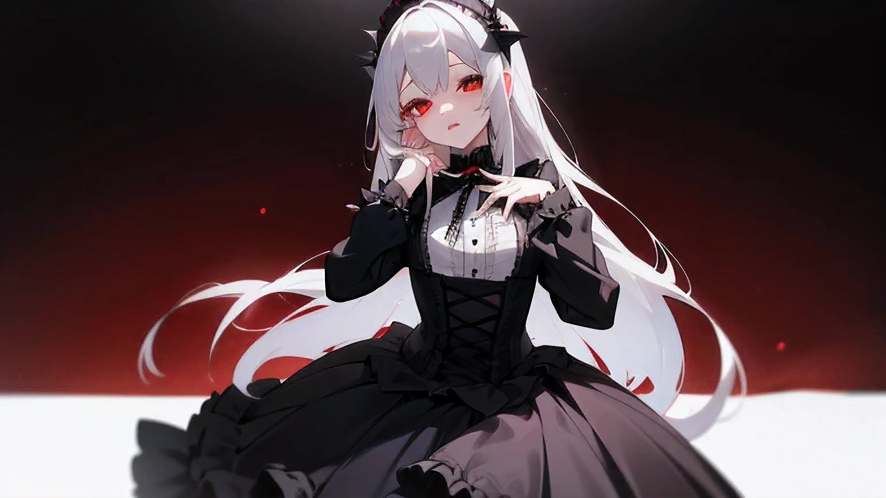 High quality, 4k, best detailed, 1girl, grey long hair, pale skin, dark red eyes, vampire girl, wearing short sexy gothic lolita dress, she's seducing to camera, sexy