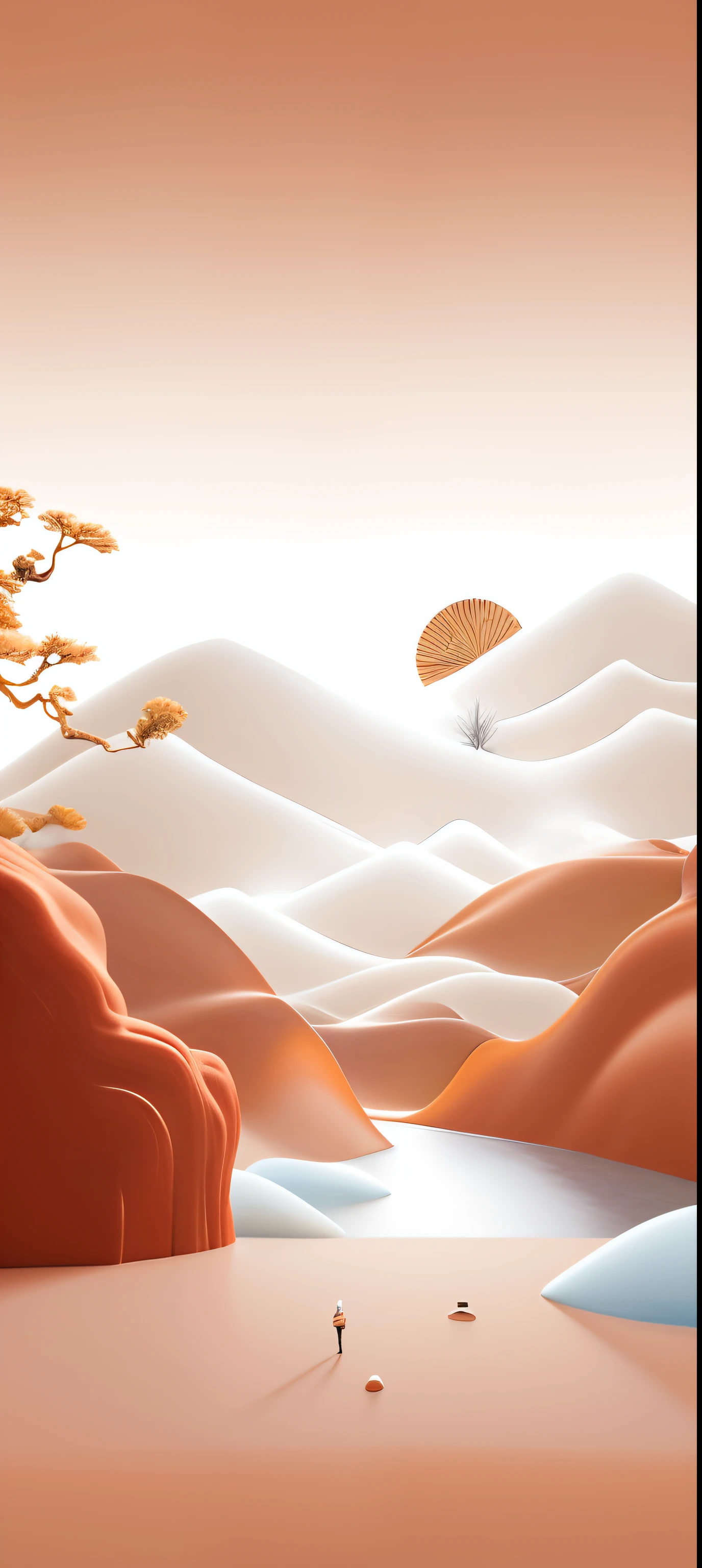There is a painting of a desert landscape and a tree, Digital Landscape Art, Japaneseism 3D 8K Ultra Detailed, 3d grainy aesthetic illustration, Flowing Hills, Pop Japaneseism 3D Super Detailed, Beautiful landscape rendering, Fushan, landscape artwork, 3D stylized scene, Stylized 3D graphics, white and orange