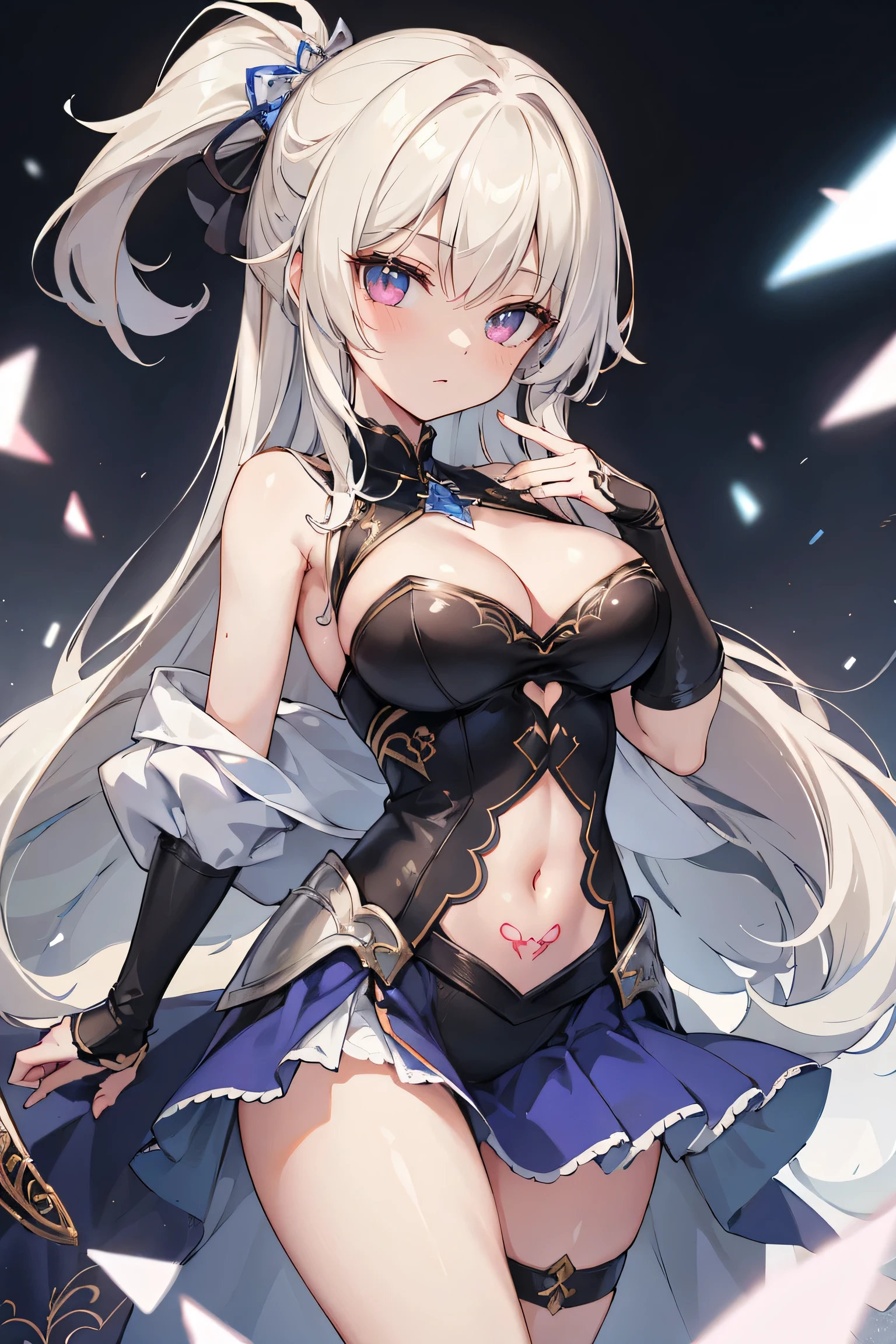 1girl, anime, cute girl, blank background, white background, fantasy, detailed fantasy dress with highlights, beautiful face, beautiful eyes, dark colors, black hair with multicolor streaks, red eye with different color pupil in eye, multicolor eye, medium small breasts (slightly big), slight cleavage, beautiful skin, cute, breast curtains, extremely delicate and beautiful, (beautiful detailed face:1.0), (detailed deep eyes), symmetrical breasts, deep eyes, shiny skin, portrait, slender waist, hips wider than shoulders, thighs, expressionless, young girl, luminous eyes, adorable，（Kpop idol）,（aegyo sal：1），（Platinum blonde hair：1），（（puffy eye）），Black panty，sexy posture，Superskirt, ultra high resolution，Black collar，slim figure, Abdominal y tattoo, womb tattoo，Tight-fitting leg ring，y tattoo on half-body，Bare skin, Armored hand，Hidden fingertips，Hand covered，Arm covered，Fist covered,{{beautiful detailed fingers}}, tufts of hair, moderate beautiful breast:1.0,(masterpiece:1.2), best quality, high-res, HDR, perfect face, intricate armor, delicate blue filigree, intricate filigree, red metalic parts, detailed part, dynamic pose, dynamic lights, cute face, neutral expression