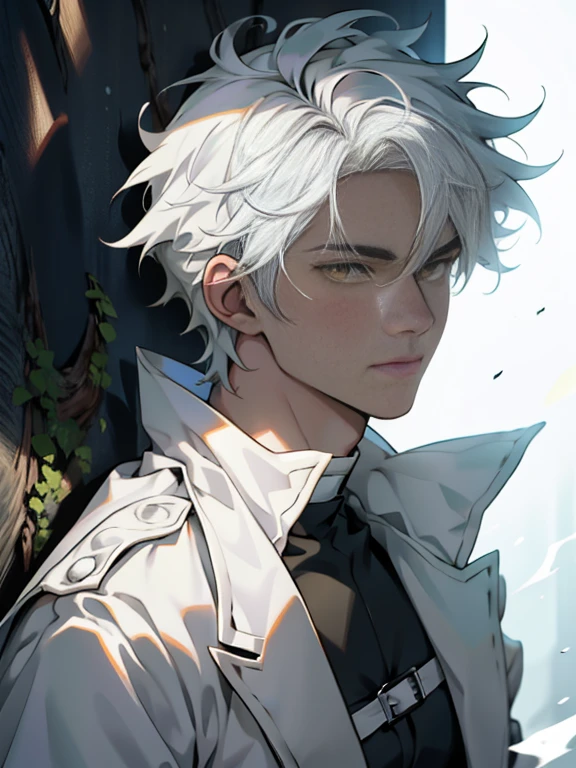 Anime character with white hair and yellow eyes standing in front of a green tree, Hajime Yatate, Dios de pelo blanco, Nagito Komaeda, Koyoharu Gotouge, Retrato de anime de un hombre guapo, Hombre alto de anime con ojos amarillos, Anime hombre guapo, Un loco de pelo plateado, Cangcang de pelo blanco, Chico guapo en el arte del asesino de demonios, Arte oficial