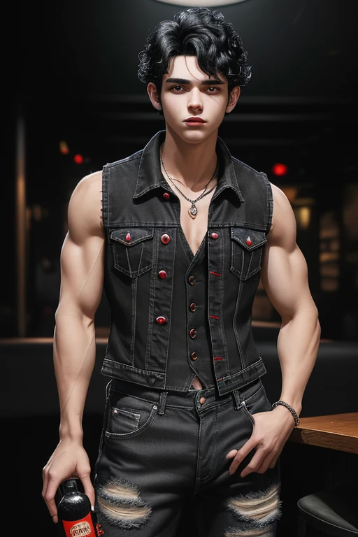 hot, lean\muscular anime boy with black hair and blue hair wearing a black racer jacket unzipped showing his toned abs and chest and the tattoos of a dragon on both of his wrists and tattoo of a crown on his neck and his black sweatpants