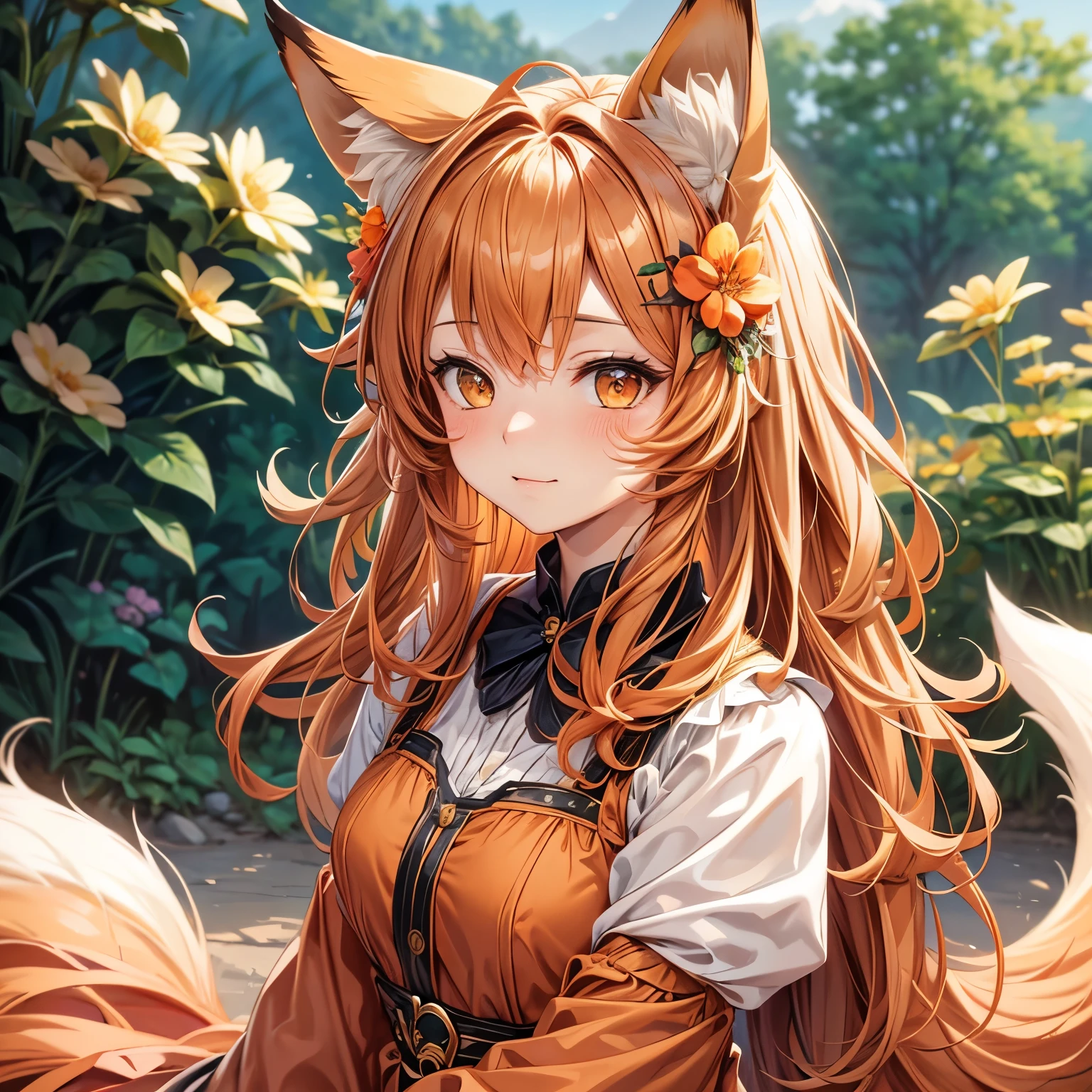 masterpiece, best quality, Very detailed, 1 girl, alone, (:3:0.9), animal ear hair, Animal ears, orange hair, fluffy hair, blush, brown eyes, flower, fox ears, fox girl, slope, slope background, hair flower, hair accessories,