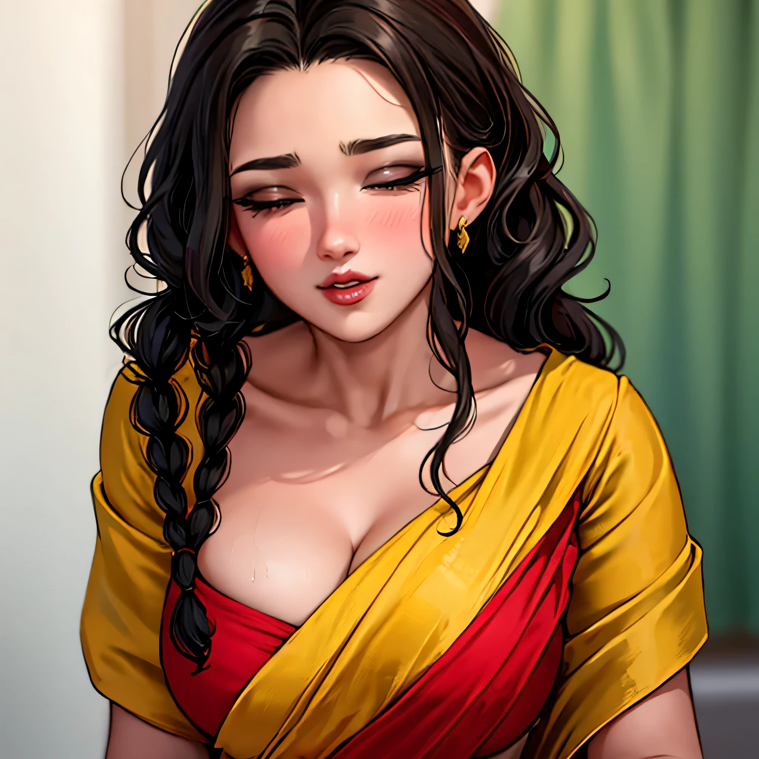 Sexy and cute woman, black curly hair, braids, low neck revealing yellow blouse, dark red saree