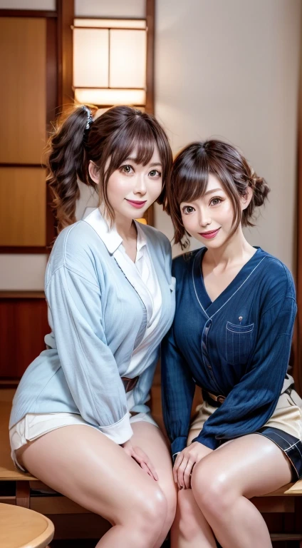 (RAW photo, 4k, masterpiece, high resolution, extremely complex) (realistic: 1.4), cinematic lighting
 ((2 girls)),Slam Dunk's,blushing,((innocent)),(Dark makeup),bright eyes,round eyes,blunt bangs,(straight hair:1.3),black hair,large breasts,wide hips,Summer Noon, 20 year old girl、cute type、lolita,Hot, (Best Quality), (Highres), (an Extremely Delicate and Beautiful),(Beautiful 8k face),(Brown eyes),short bob hair,( spectators),(gigantic breasts),(Play with each other,Touching each other's bodies,Touching the body),((idol, kimono:1.3)),(reality),bright lighting,(The background is a luxury hotel room)