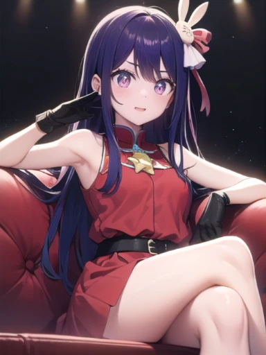 (masterpiece:1.3),((High resolution)),((high quality)),((Super detailed))、1 girl、perfect balance、perfect face、detailed face、cute face、(star-shaped pupil:1.5)、(symbol-shaped pupil:1.5)、(六芒star-shaped pupil:1.5)、beautiful detailed eyes、Expressive eyes、cute eyes、shiny eyes、perfect body、beautiful body、8k、Hoshino Ai、hair between eyes、hair ornament、ヘアribbon、long hair、one side up、(purple eyes:1.1)、purple hair、Bunny hair ornament、belt、ブラックbelt、brooch、dress、ピンクのdress、フリルdress、フリルgloves、gloves、gloves、ハートbrooch、Idol、Idol服、jewelry、ピンクのgloves、赤いribbon、ribbon、タートルネックdress、sitting on the sofa、1girl、Crossed legs、Panty Show
