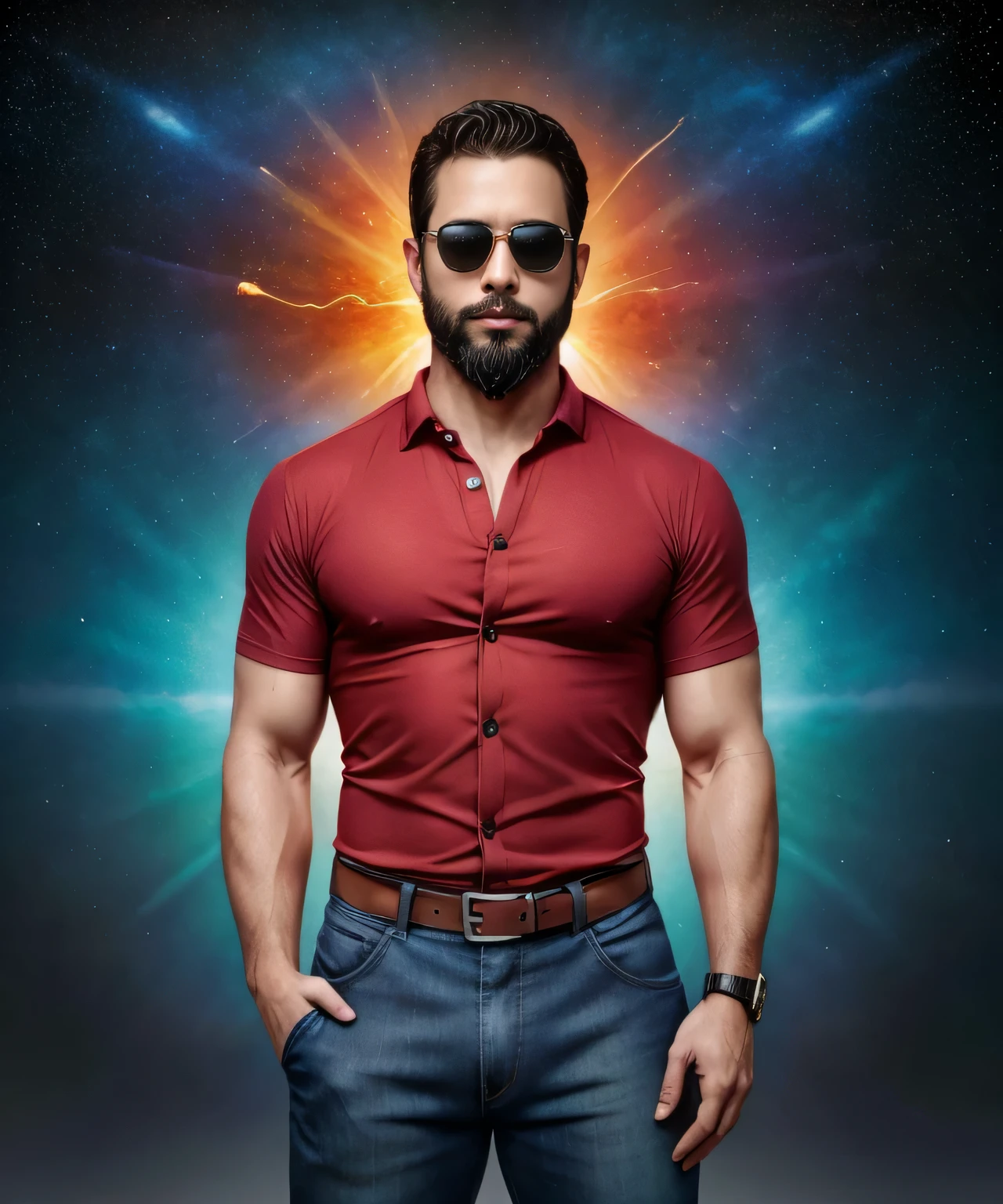 Obra maestra, desenfoque de campo, Parte superior del cuerpo, Hands in pants pockets, 38 year old man with beard and square sunglasses. Man wearing a shirt with a color gradient in the space movie with a solar  explosion in the background.