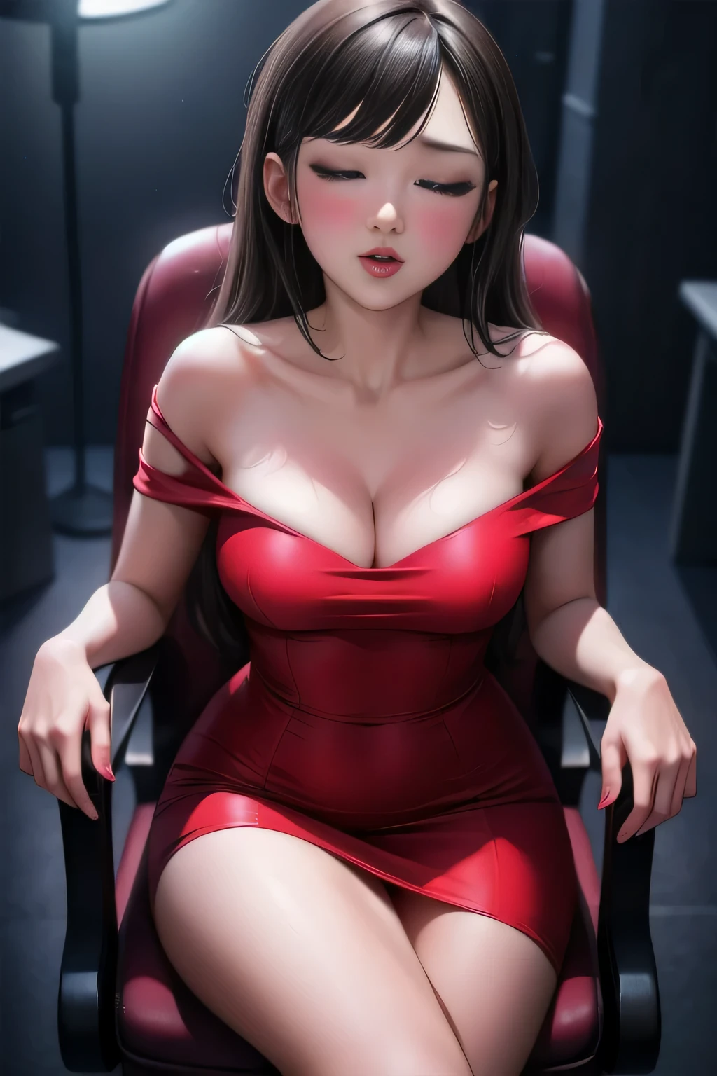 Young sexy woman wearing a red dress sitting on a chair, dim lighting, sexy, hot, lustful