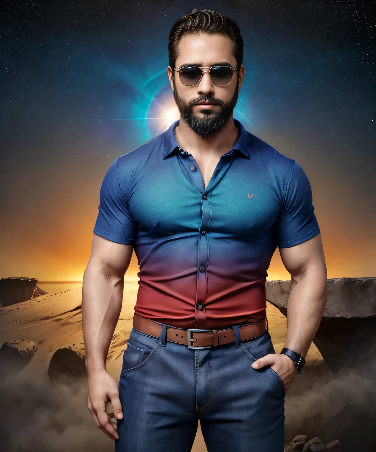 Obra maestra, desenfoque de campo, Parte superior del cuerpo, Hands in pants pockets, 38 year old man with beard and square sunglasses. Man wearing a shirt with a color gradient in the space movie with a solar  explosion in the background.