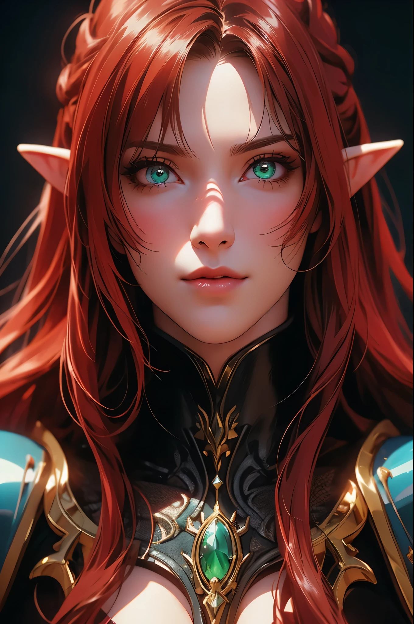 3/4 portrait image of a woman elf with ((long straight redhead)), green eyes, pale skin, fierce eyes, feline smile, she wears medieval leather clothes, on a Darklight scenery, symmetrical face, ((symmetric eyes)), fotografia realista, fotografia, obra-prima, realista, Realismo, renderizado, Alto contraste, photographingrealistic digital art trend on Artstation 8k HD high definition detailed realistic , detalhado, textura da pele, hiper detalhado, Textura realista da pele, armadura, melhor qualidade, ultra high-resolution, (fotografiarrealista: 1.4), high resolution, detalhado, fotografia crua, sharp re, by lee jeffries nikon d850 film stock photographygrafiagraphy 4 kodak camera portra 400 lens f1.6 colors rich hyper realistic texture dramatic lighting irrealengine trending on artstation cinestill 800 Anime style, 4k resolution masterpiece, best quality, (extremely detailed CG unity 8k wallpaper), (best quality), (best illustration), (best shadow), absurdres, realistic lighting, (Abyss), beautiful detailed glow