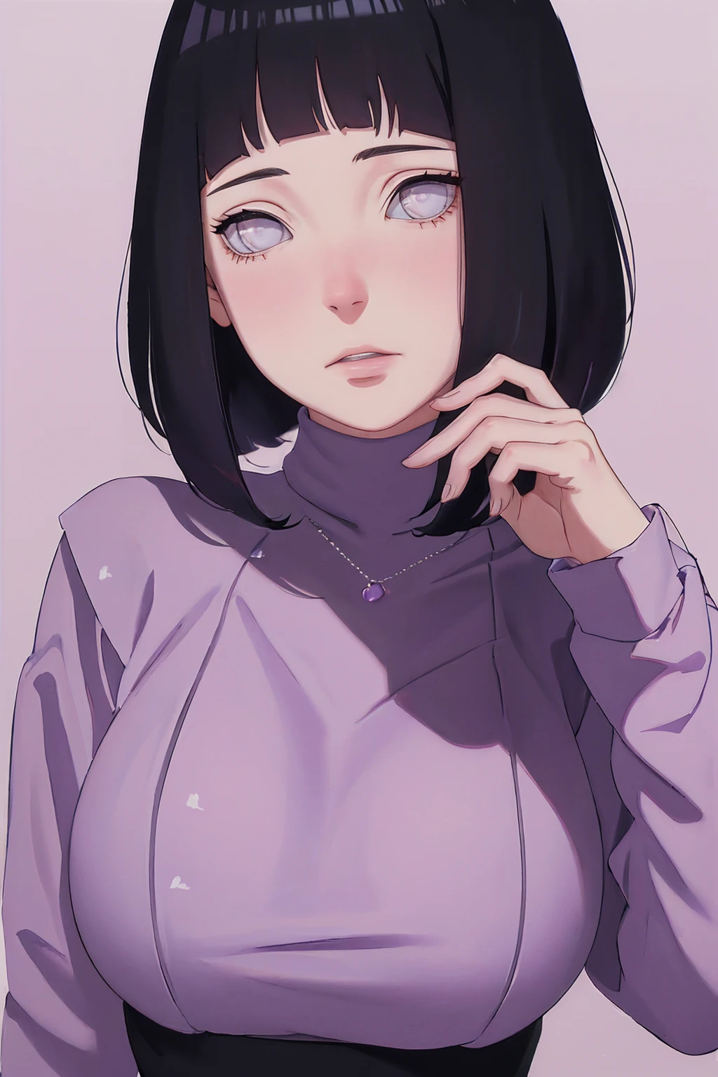 { - anatomy error} (Masterpiece - Ultra-detailed, very high resolution) (huge titusty, masterpiece, absurdres, hinata\(boruto\), 1girl, solo,mature female, lilac turtleneck blouse, black pant, perfect composition, detailed lips, big breast, beautiful face, body propotion, blush, (pink lips), short hair, (black hair), purple eyes, soft gaze, super realistic, detailed, photoshoot, realistic face and body, closed mouth , lilac eyes, upper body, hidden hands, perfect fingers, inocent face, portrait, , backwards, looking back, dynamic poses