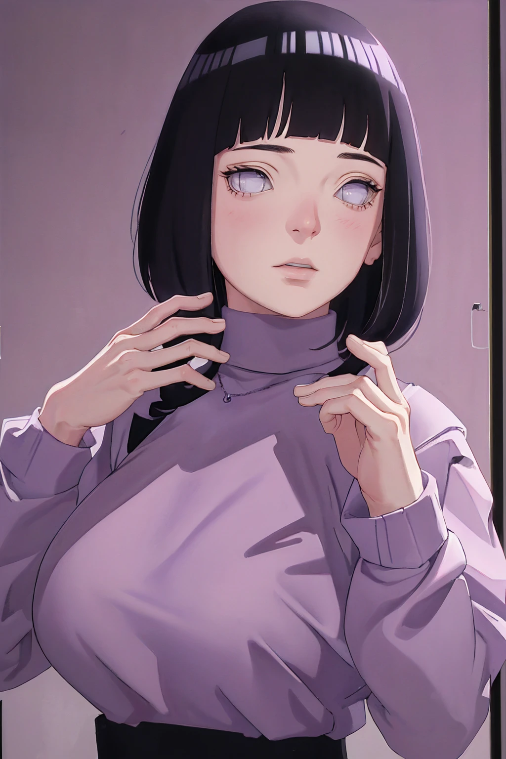 { - anatomy error} (Masterpiece - Ultra-detailed, very high resolution) (huge titusty, masterpiece, absurdres, hinata\(boruto\), 1girl, solo,mature female, lilac turtleneck blouse, black pant, perfect composition, detailed lips, big breast, beautiful face, body propotion, blush, (pink lips), short hair, (black hair), purple eyes, soft gaze, super realistic, detailed, photoshoot, realistic face and body, closed mouth , lilac eyes, upper body, hidden hands, perfect fingers, inocent face, portrait, , backwards, looking back, dynamic poses