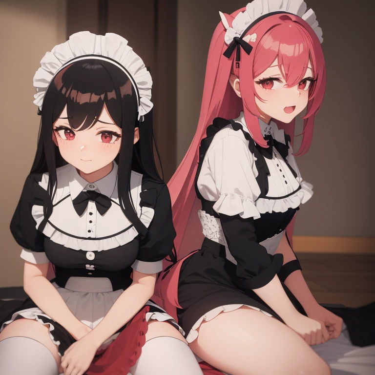 ((2 girls))、((smile))、blush、black shirt、blouse、((fun))、(small breasts)、（small breasts）、Chirarism、(black hair)、(single braid)、((white apron:1.5))、((maid))、((hair ornaments)),  thighs, 壊す in house, ((in house:1.5))、 BREAK looking at viewer、torn skirt，(grab the skirt:1.0)、 (perfect hands, perfect anatomy),cowboy shot、((shaved pussy:1.5))、(skirt that rolls up:1.3)、(Highly detailed labia fully exposed:1.5)、(Photo seen from below:1.3)、skirtlift