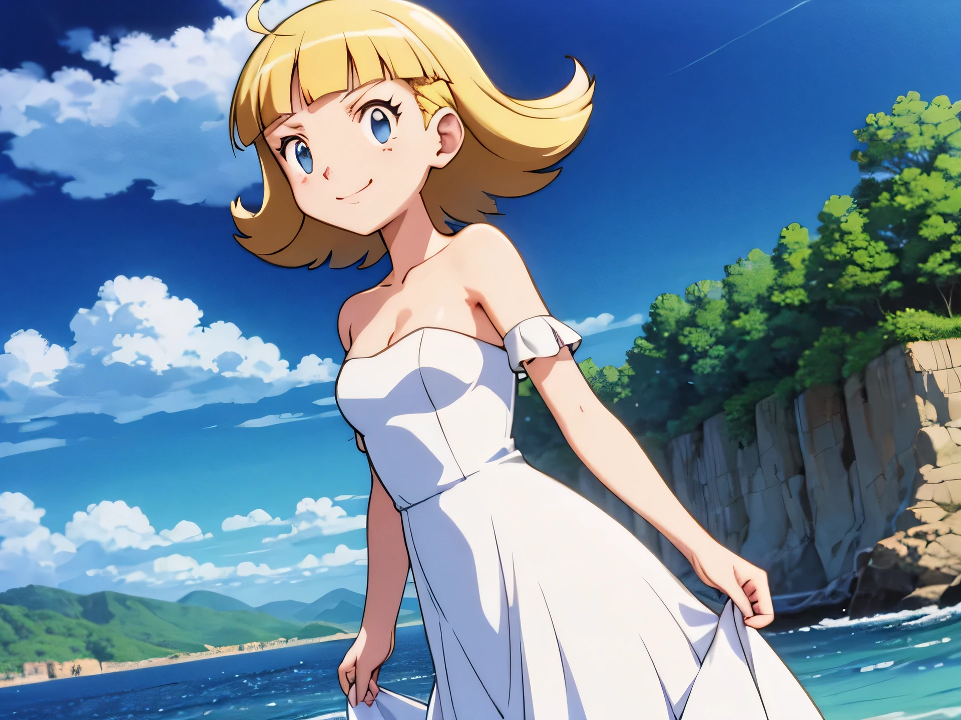 pokemovies, sugimori ken, ken sugimori ken \(style\), anime screencap, masterpiece, best quality, highres, outdoors, small breasts, 1 girl, Solo, Blue Eyes, Beautiful Detail Eyes, Blonde Medium Hair, Short Hair, Bangs, Good hands are down, Smile, Blushing, Bare Neck, Bare Shoulders, strapless, White Ruffle Off-the-Shoulder maxi dress. Standing up. Cowboy shot. A landscape of blue skies, a mountain, a pirate ship, a mansion, an ocean with a beach. In the center.
