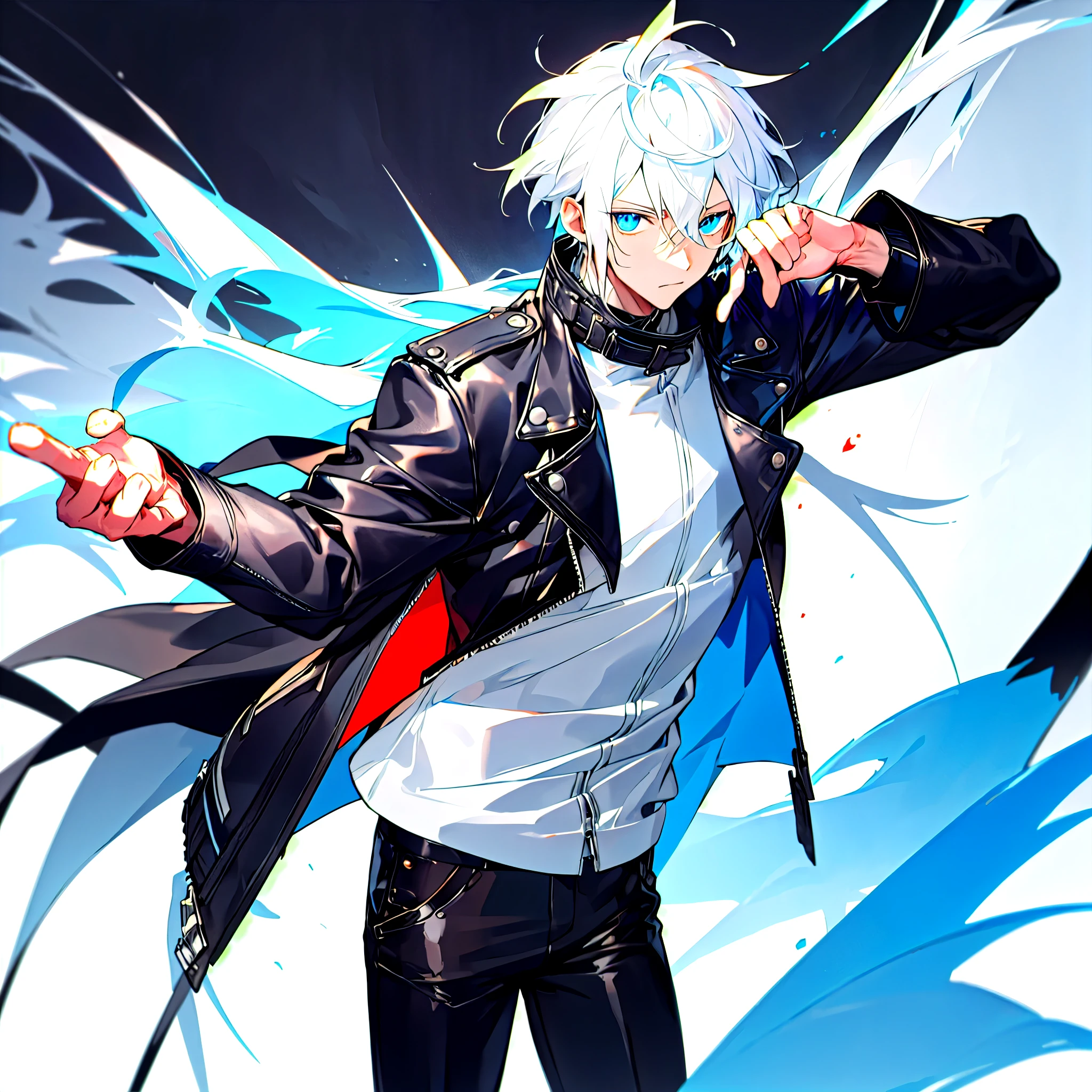 One male, white hair, blue eyes, leather jacket, black pants