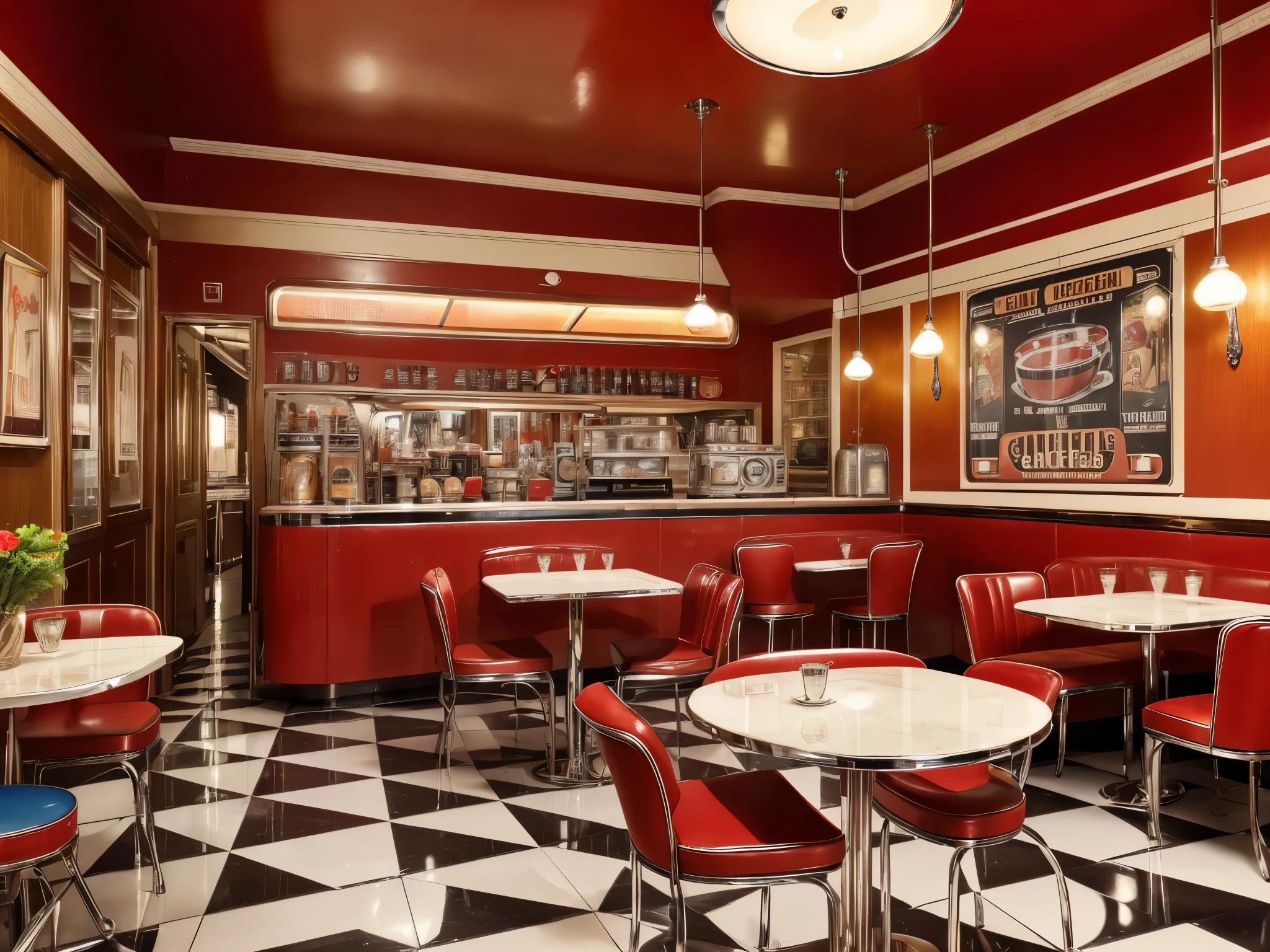 (best quality,4k,highres,masterpiece:1.2), (vintage style:1.1), inside a 1950s café, red wall, faint blue pillars, customer table, counter, 1950s lamps, commercial electronic panel, plates, cup of coffee, (retro vibe), (nostalgic atmosphere), (cozy ambiance), (warm lighting), (classic design), (busy humming), (sinuous curves and sleek lines), (chrome accents), (Checkerboard floor), (vintage decor), (old-fashioned charm), (art deco influence), (period furniture), (jukebox playing nostalgic tunes), (poster of 1950s movie stars), (smell of freshly brewed coffee), (chatter and laughter), (waitress in a retro uniform), (coffee stains on the table), (steaming hot coffee), (fragrant aroma), (vibrant red color), (intricate patterns on plates), (reflection on polished countertop), (gentle clinking of cutlery), (nostalgic 1950s atmosphere permeating the air), (a moment frozen in time).
