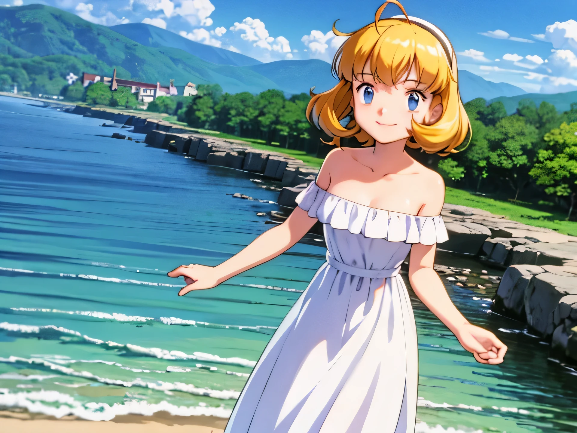 pokemovies, sugimori ken, ken sugimori ken \(style\), anime screencap, masterpiece, best quality, highres, outdoors, small breasts, 1 girl, Solo, Blue Eyes, Beautiful Detail Eyes, Blonde Medium Hair, Short Hair, Bangs, Good hands are down, Smile, Blushing, Bare Neck, Bare Shoulders, strapless, White Ruffle Off-the-Shoulder maxi dress. Standing up. Cowboy shot. A landscape of blue skies, a mountain, a pirate ship, a mansion, an ocean with a beach. In the center.