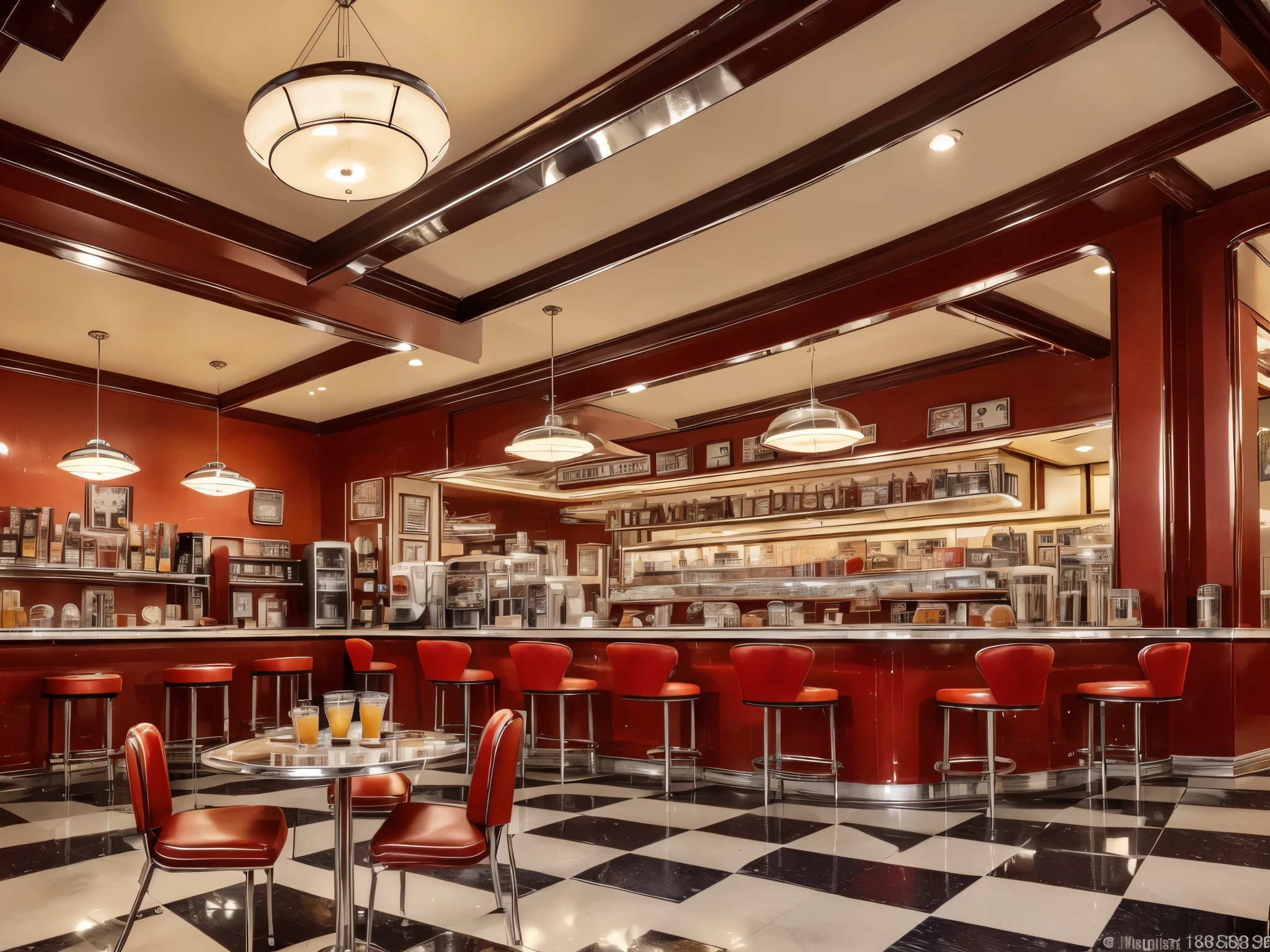 (best quality,4k,highres,masterpiece:1.2), (vintage style:1.1), inside a 1950s café, red wall, faint blue pillars, customer table, counter, 1950s lamps, commercial electronic panel, plates, cup of coffee, (retro vibe), (nostalgic atmosphere), (cozy ambiance), (warm lighting), (classic design), (busy humming), (sinuous curves and sleek lines), (chrome accents), (Checkerboard floor), (vintage decor), (old-fashioned charm), (art deco influence), (period furniture), (jukebox playing nostalgic tunes), (poster of 1950s movie stars), (smell of freshly brewed coffee), (chatter and laughter), (waitress in a retro uniform), (coffee stains on the table), (steaming hot coffee), (fragrant aroma), (vibrant red color), (intricate patterns on plates), (reflection on polished countertop), (gentle clinking of cutlery), (nostalgic 1950s atmosphere permeating the air), (a moment frozen in time).