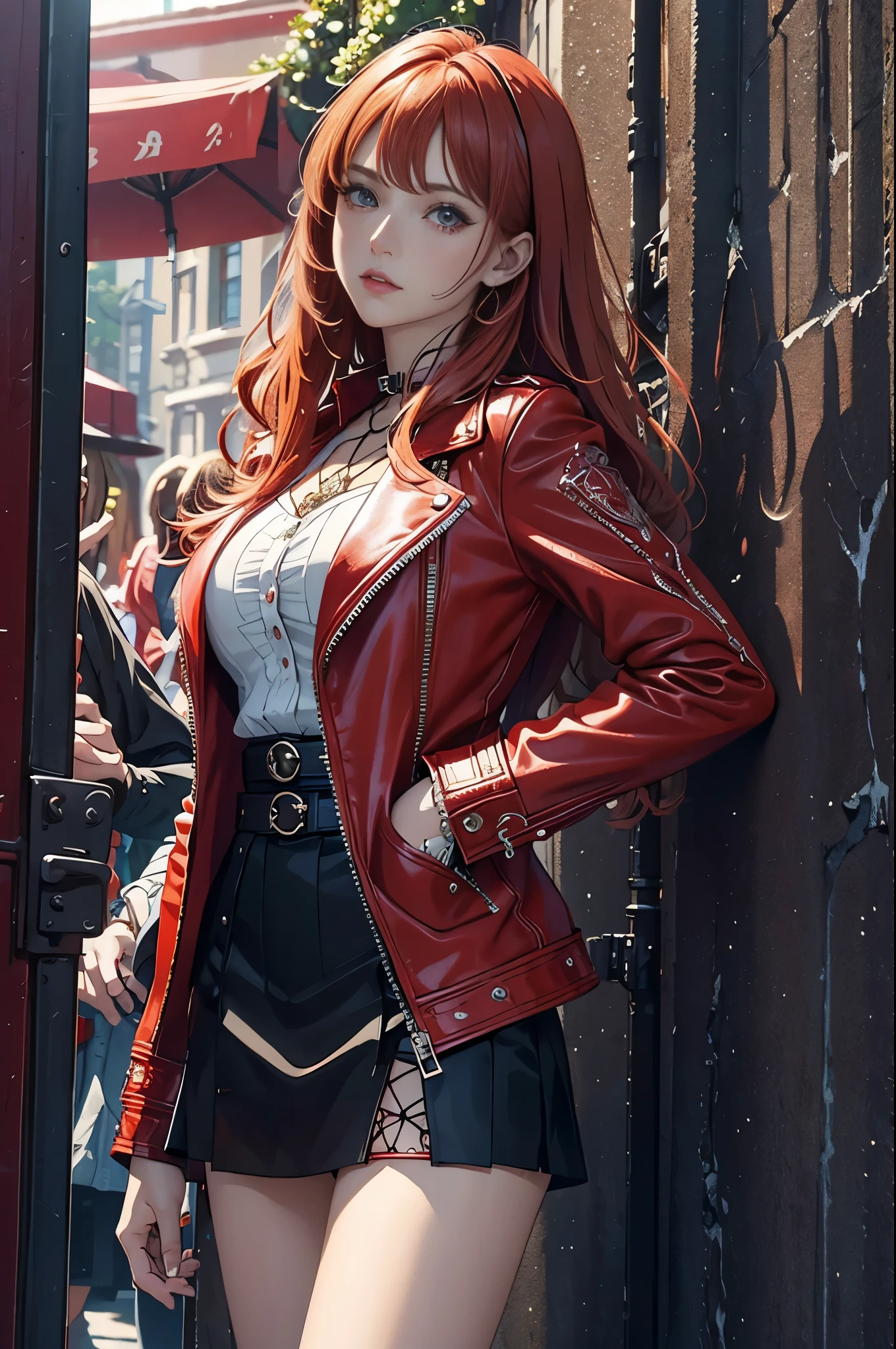 Western red tone, bright color, (masterpiece), ((top quality)), ((super detailed)), (surreal), (very detailed CG illustration), official official Art, Midsummer, Fashion, Honor 1980, cruel beauty, gorgeous, gorgeous color hair, rock music, rock music, leather jackets, mini skirts, the only perfect angle of women in women, perfect composition,
