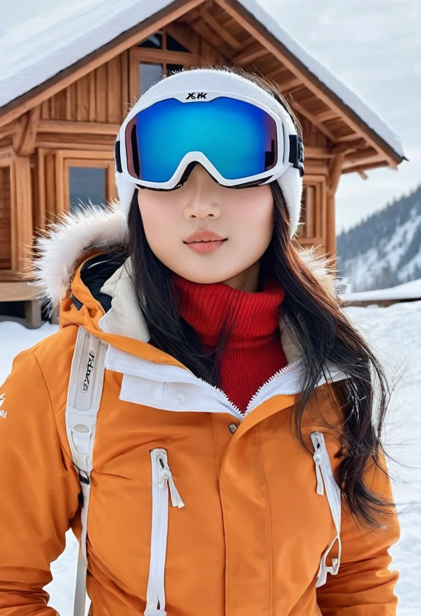 (high quality:1.5), (((8k))), (Masterpiece), work of art, extremely detailed, (High detail:1.2), Solo, (HotLexi Woman)), 24 year old Asian female, ((perfect anatomy)), (In a snowy field and a wooden hut behind), (Skiing cold clothing and snow goggles),