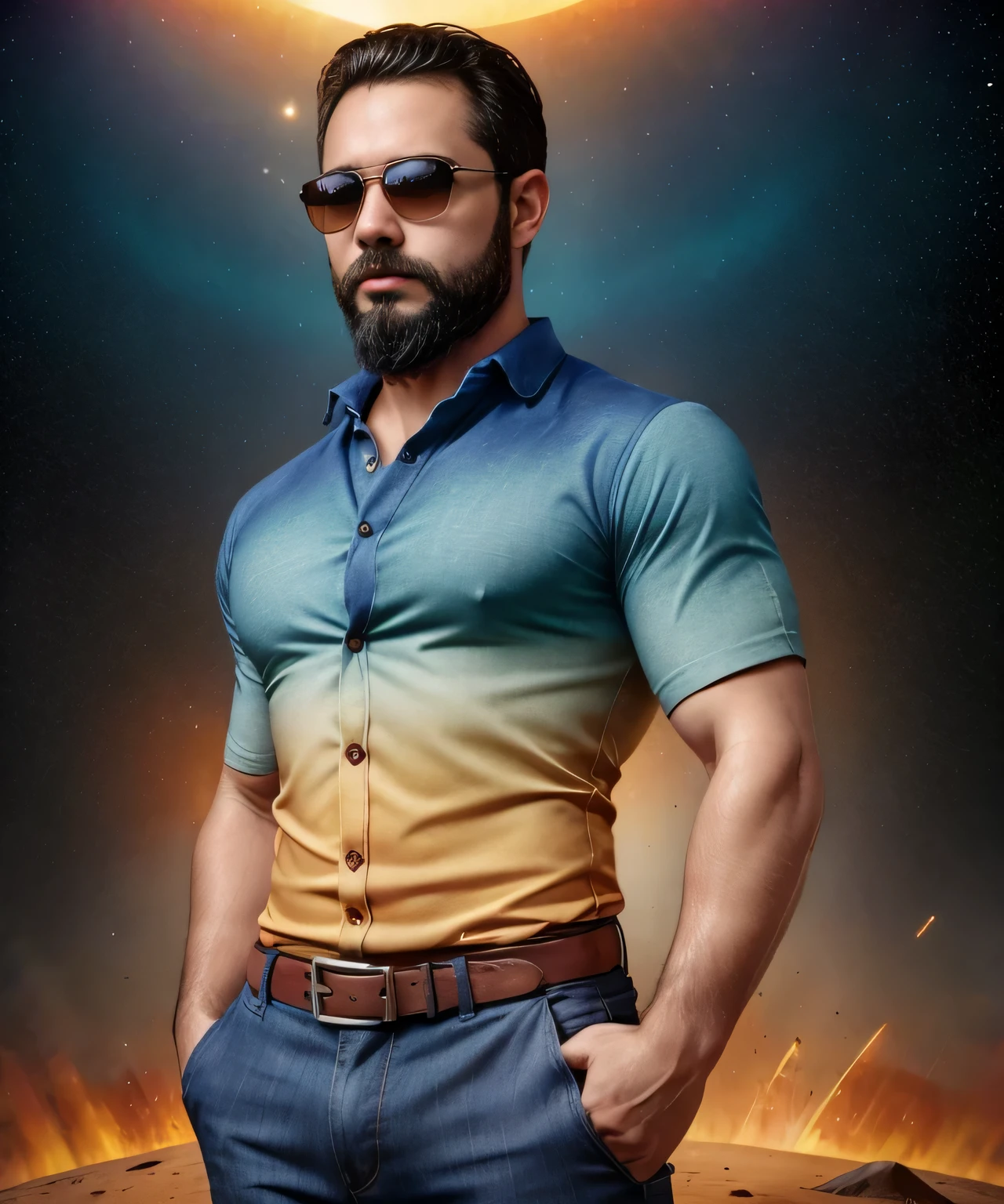 Obra maestra, desenfoque de campo, Parte superior del cuerpo, Hands in pants pockets, 38 year old man with beard and square sunglasses. Man wearing a shirt with a color gradient in the space movie with a solar  explosion in the background.