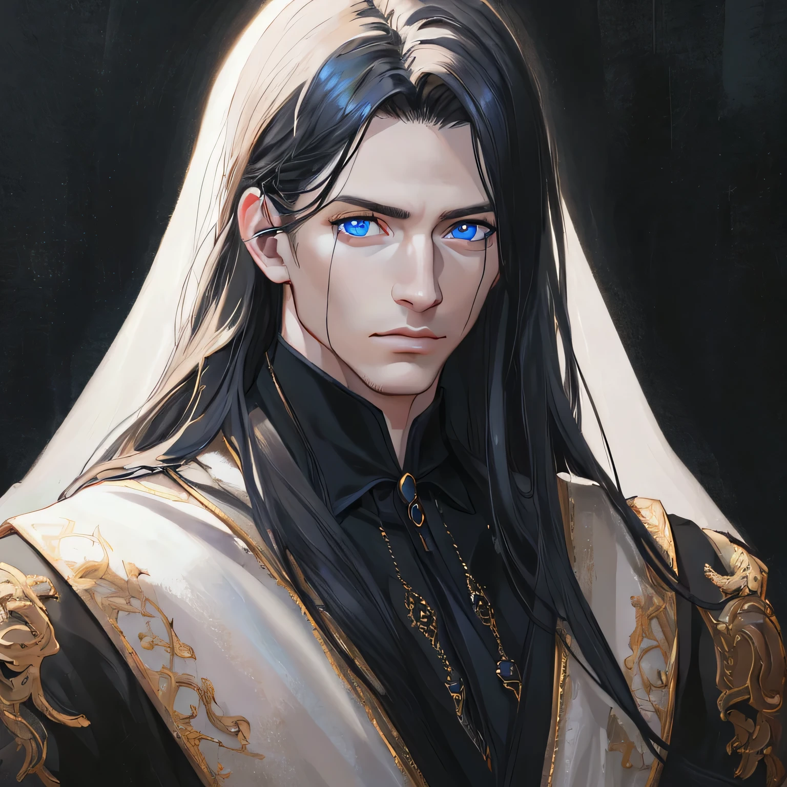 (highres:1.2),portrait,realistic lighting,fine art painting,sharp focus,detailed hair,blue eyes,strong facial features,attractive,white man,black long hair,black clothes