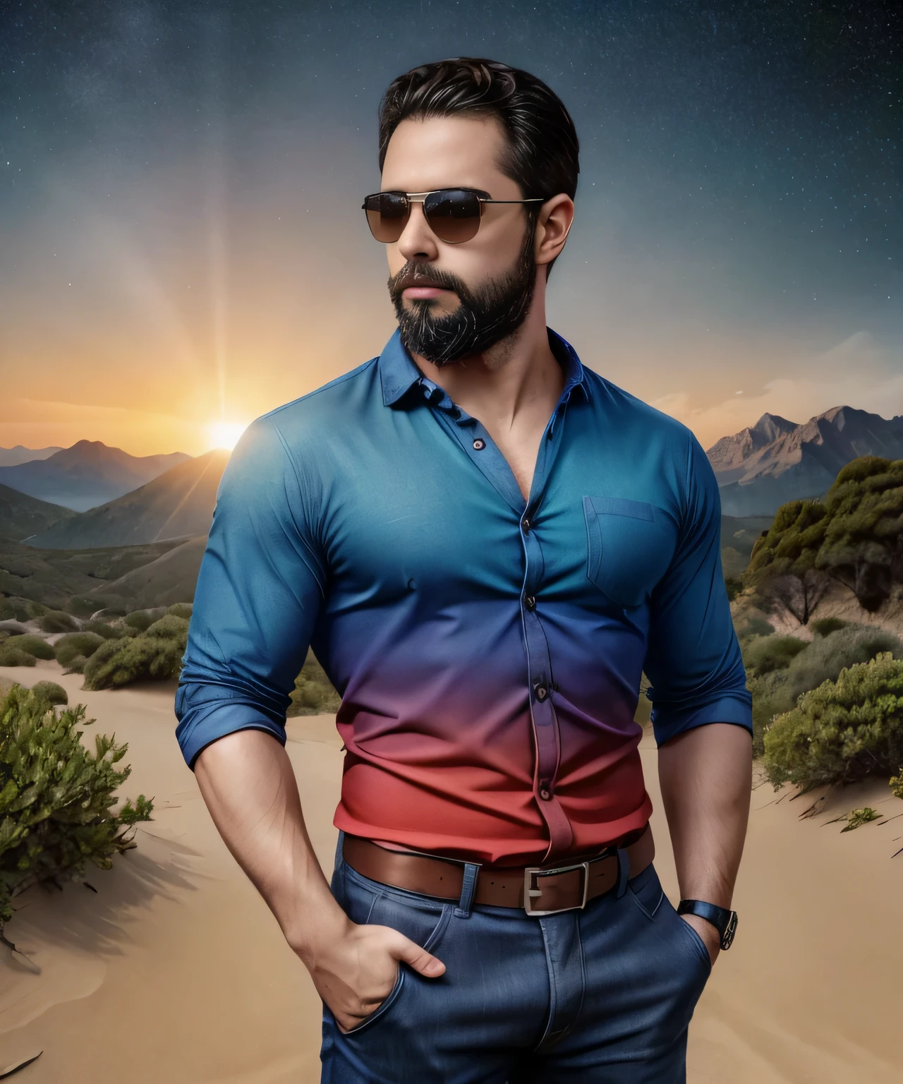 Obra maestra, desenfoque de campo, Parte superior del cuerpo, Hands in pants pockets, 38 year old man with beard and square sunglasses. Man wearing a shirt with a color gradient in the space movie with a solar  explosion in the background.