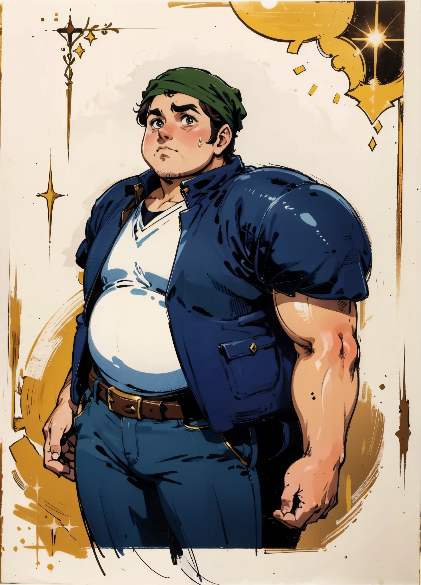 A man with short hair wrapped in a headscarf, side-parted bangs, determined large eyes, chubby cheeks, extremely robust physique, brown skin, dressed in an open fantasy-style shirt jacket with a V-neck undershirt, short sleeves, the jacket features small pockets, a cloth belt wraps around his waist, linen trousers, he stands sweating in the intense sunlight of a fantasy-style marketplace, this character embodies a finely crafted fantasy-style obese merchant in anime style, exquisite and mature manga art style, high definition, best quality, highres, ultra-detailed, ultra-fine painting, extremely delicate, professional, perfect body proportions, golden ratio, anatomically correct, symmetrical face, extremely detailed eyes and face, high quality eyes, creativity, RAW photo, UHD, 32k, Natural light, cinematic lighting, masterpiece-anatomy-perfect, masterpiece:1.5