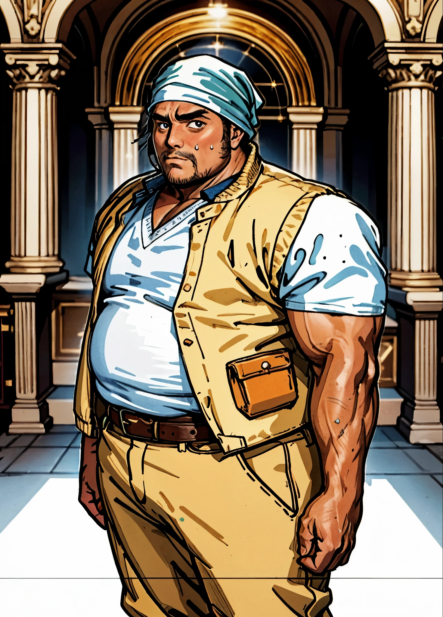 A man with short hair wrapped in a headscarf, side-parted bangs, determined large eyes, chubby cheeks, extremely robust physique, brown skin, dressed in an open fantasy-style shirt jacket with a V-neck undershirt, short sleeves, the jacket features small pockets, a cloth belt wraps around his waist, linen trousers, he stands sweating in the intense sunlight of a fantasy-style marketplace, this character embodies a finely crafted fantasy-style obese merchant in anime style, exquisite and mature manga art style, high definition, best quality, highres, ultra-detailed, ultra-fine painting, extremely delicate, professional, perfect body proportions, golden ratio, anatomically correct, symmetrical face, extremely detailed eyes and face, high quality eyes, creativity, RAW photo, UHD, 32k, Natural light, cinematic lighting, masterpiece-anatomy-perfect, masterpiece:1.5