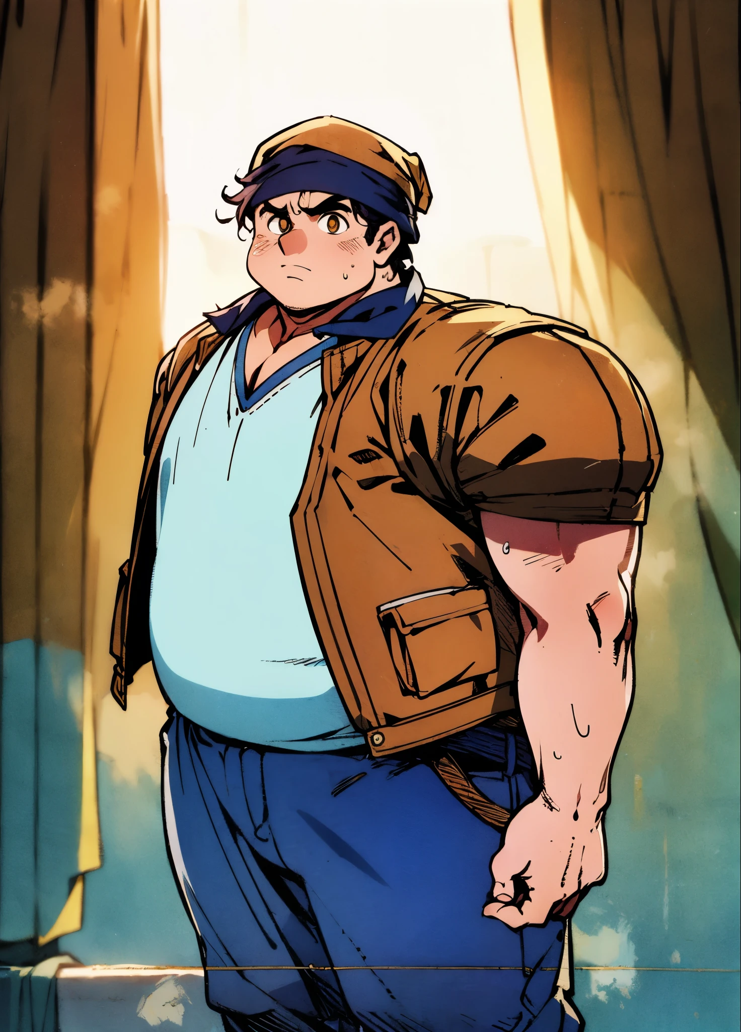 A man with short hair wrapped in a headscarf, side-parted bangs, determined large eyes, chubby cheeks, extremely robust physique, brown skin, dressed in an open fantasy-style shirt jacket with a V-neck undershirt, short sleeves, the jacket features small pockets, a cloth belt wraps around his waist, linen trousers, he stands sweating in the intense sunlight of a fantasy-style marketplace, this character embodies a finely crafted fantasy-style obese merchant in anime style, exquisite and mature manga art style, high definition, best quality, highres, ultra-detailed, ultra-fine painting, extremely delicate, professional, perfect body proportions, golden ratio, anatomically correct, symmetrical face, extremely detailed eyes and face, high quality eyes, creativity, RAW photo, UHD, 32k, Natural light, cinematic lighting, masterpiece-anatomy-perfect, masterpiece:1.5