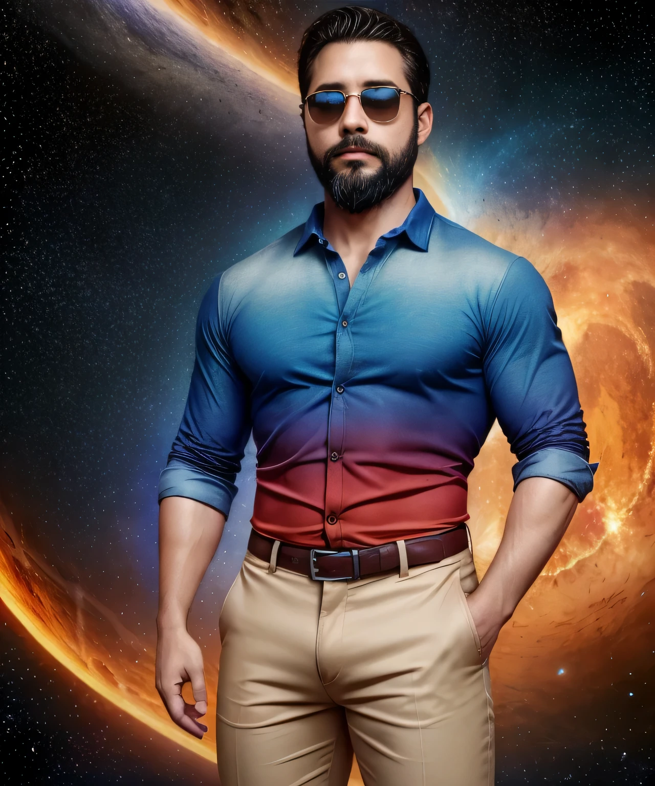 Obra maestra, desenfoque de campo, Parte superior del cuerpo, Hands in pants pockets, 38 year old man with beard and square sunglasses. Man wearing a shirt with a color gradient in the space movie with a solar  explosion in the background.