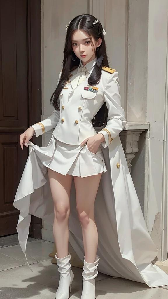 Beautiful girl with long hair, (white suit), (All White), (white shirt), (Showing off a black tie), (Military rank insignia), (white short skirt), (Dynamic posts), full body, (big breasts, small waist, thin, small thighs)