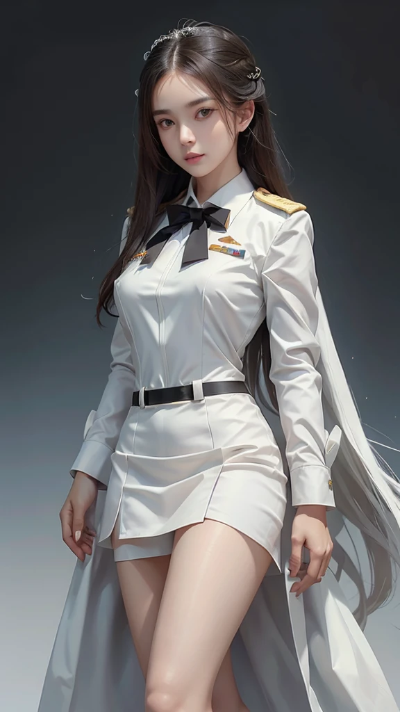 Beautiful girl with long hair, (white suit), (All White), (white shirt), (Showing off a black tie), (Military rank insignia), (white short skirt), (Dynamic posts), full body, (big breasts, small waist, thin, small thighs)