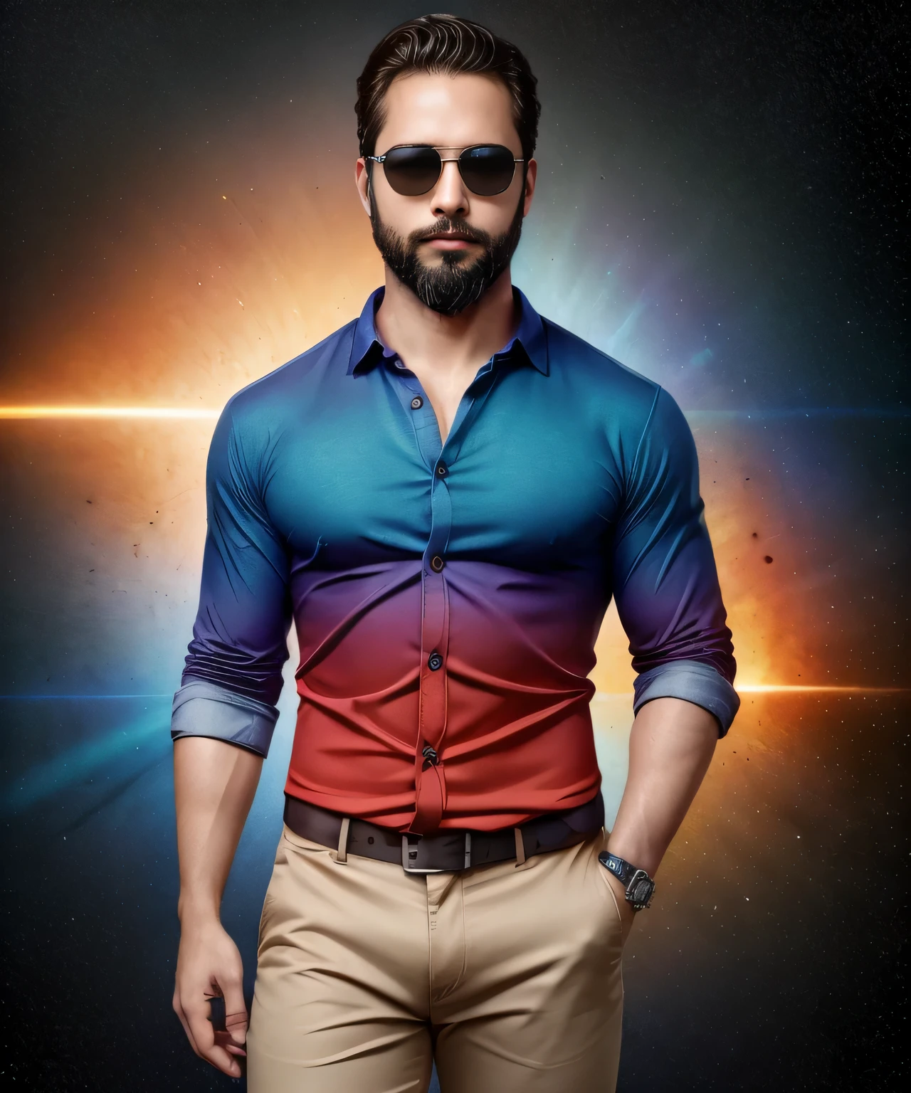 Obra maestra, desenfoque de campo, Parte superior del cuerpo, Hands in pants pockets, 38 year old man with beard and square sunglasses. Man wearing a shirt with a color gradient in the space movie with a solar  explosion in the background.