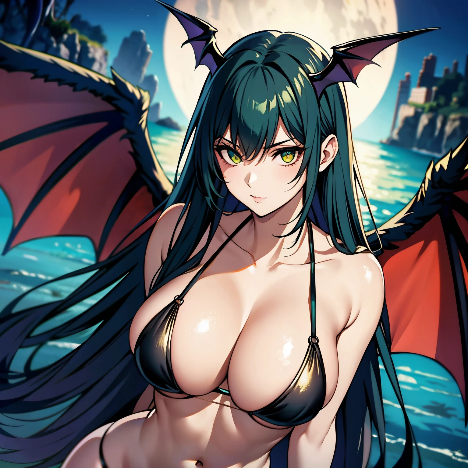 morrigan aensland, succubus woman 27 years old light skin, cabello verde, ojos verdes brillantes, pechos grandes, bat wings on his head. bikini verde detallado fondo un lago de noche.