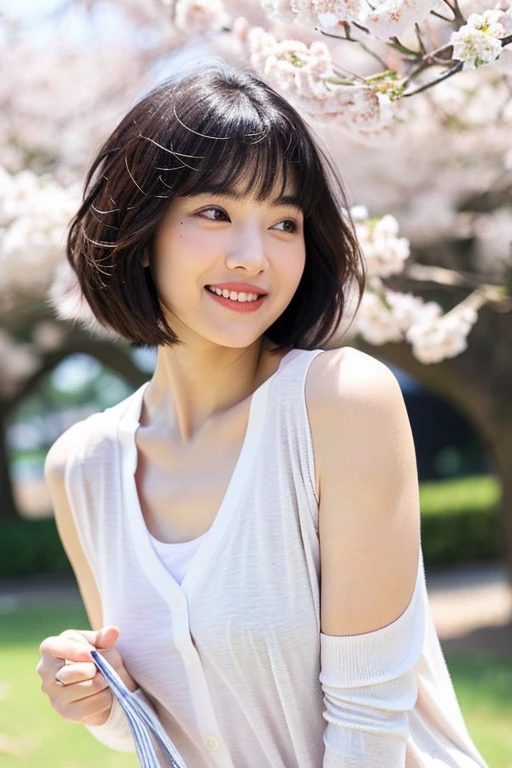 woman,short bob,black hair, (realistic), (hyper realism), (photorealistic), Depth of the bounds written, eye make up:0.0 (Upper body:1.2), (tight waist:0.7), looking at the viewer,smiling,navy blue cardigan,white t-shirt,A park with cherry blossoms,