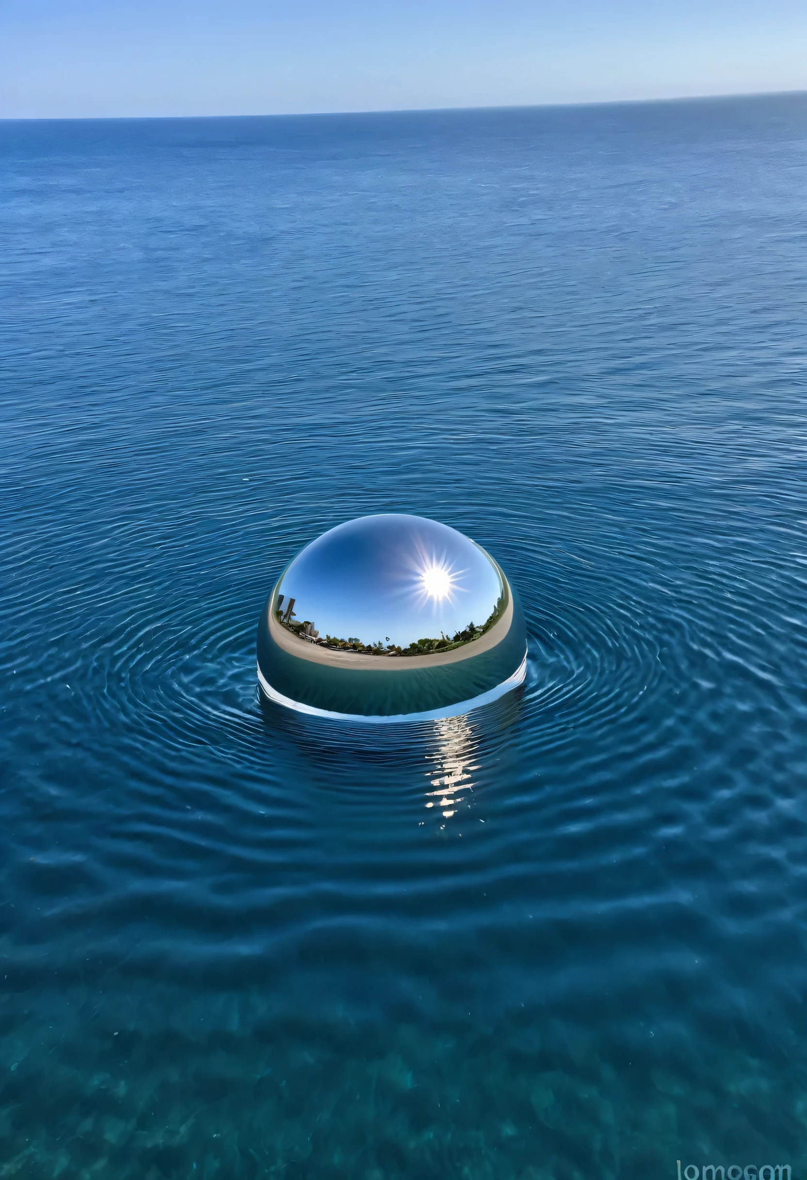 perfectly smooth metal sphere floating above the water of an ocean, sem praia, clear sky, reflection of water and sun.  