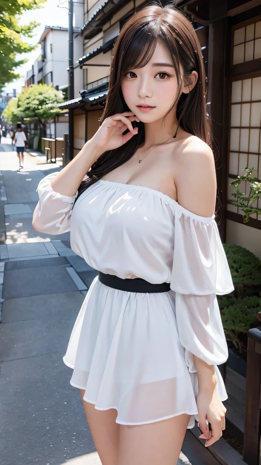 (((masterpiece))),(((High resolution)))、(((8K)))、(((perfect face)))、(((beauty of japan)))、20 years old、(((beautiful face))), (((off shoulder white dress))),  (((skirt))), embarrassed look, look at the camera, (thighs)、top quality eyes, detailed texture, look at the camera, standing, (((plump))), (big tits)
