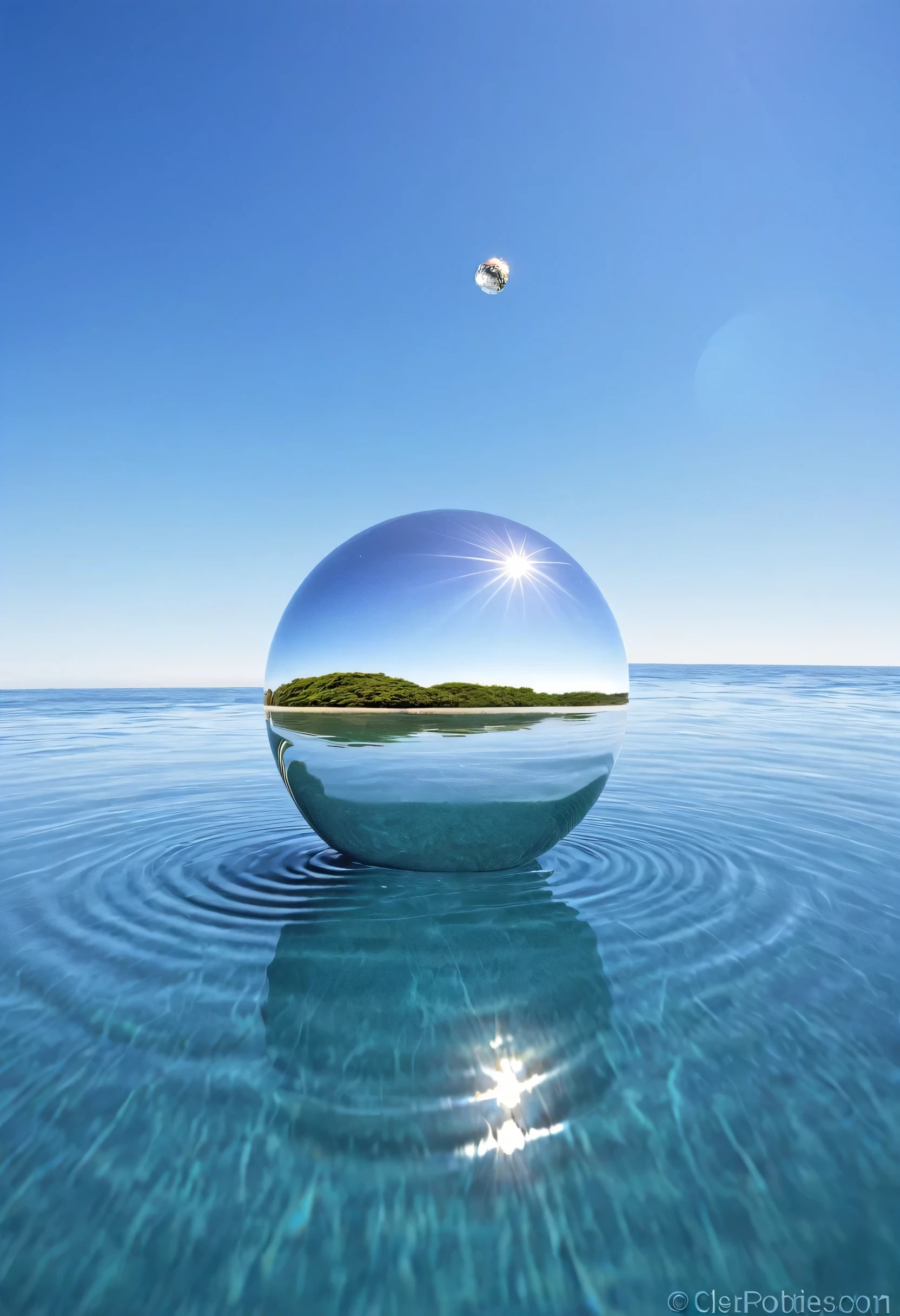 perfectly smooth metal sphere floating above the water of an ocean, sem praia, clear sky, reflection of water and sun.