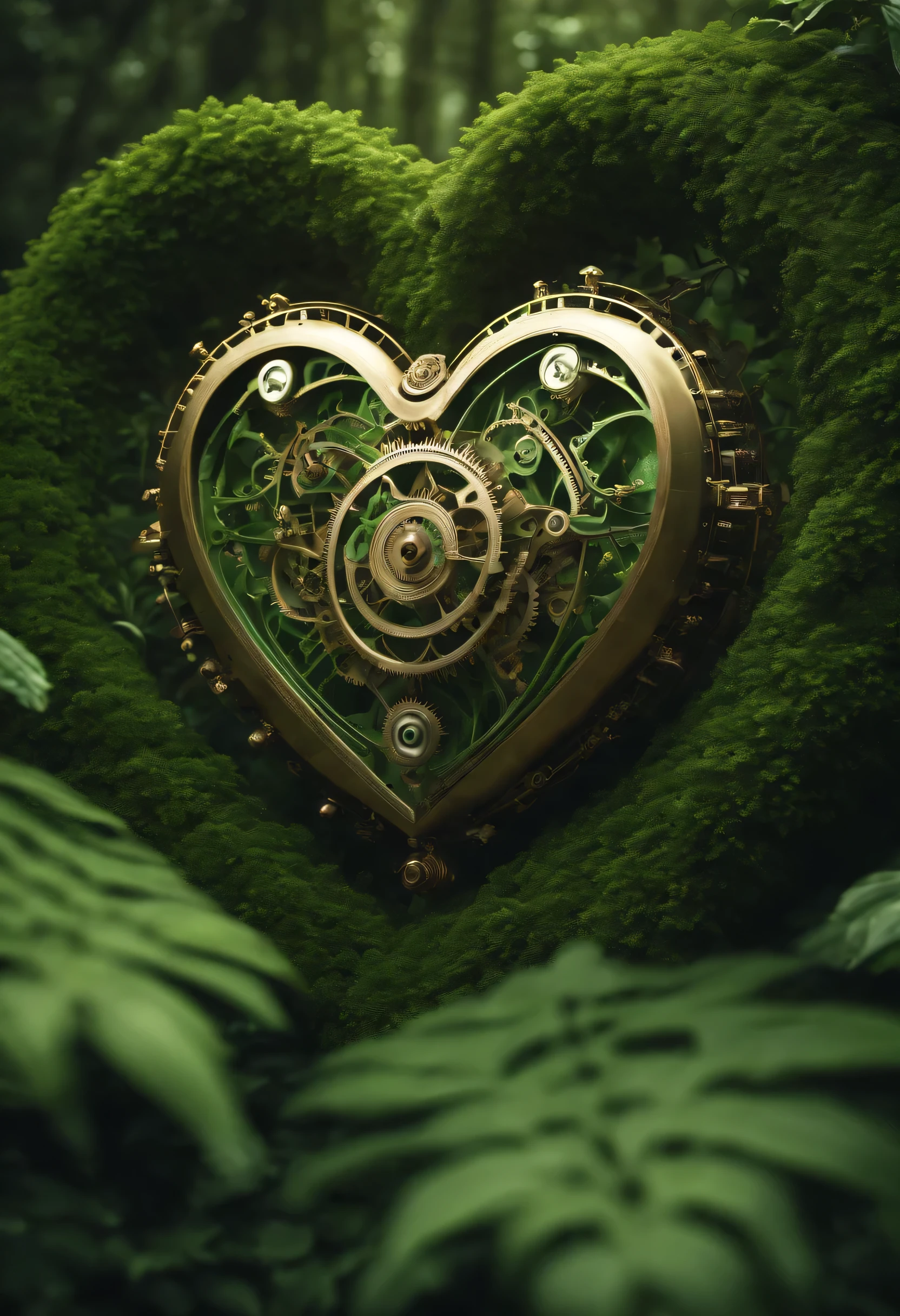 Surreal, Very detailed, Elegant intricate clockwork heart shaped 3D fractal in a lush green jungle
