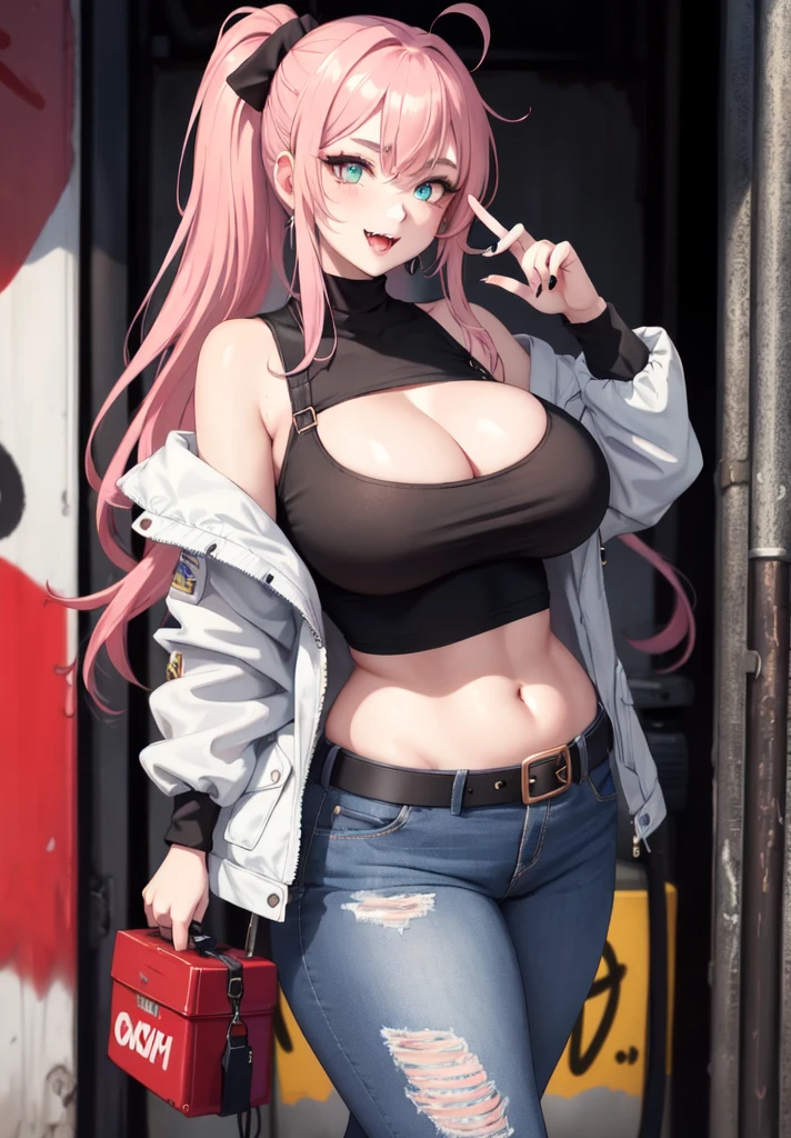 original characters, Volumetric lighting, best shade, Shallow depth of field, Stunning beautiful girl portrait, , Delicate, beautiful and charming face and charming eyes, Messy painted face, pointed eyebrows, Smiling all over, open mouth, fangs extended, Lovely beautiful breasts、huge breasts:1.4,plump breasts,, Layered long double ponytail blonde, Blush Eyeshadow, thick eyelashes, apple jack hat, oversized trendy jacket, Mini underbust T-shirt, open navel, slim waist, jeans, buckle belt, in graffiti alley, waste container, Outside the stairs, The outdoor unit, Holding a spray paint can, permanent, (best quality, stunning details:1.25), (alone:1.3), colorful paintings