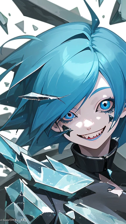 The image features a digital illustration of a close-up of a female anime character with blue hair and a creepy smile. Her teeth are sharp and she appears to be laughing. The background is made up of broken glass.