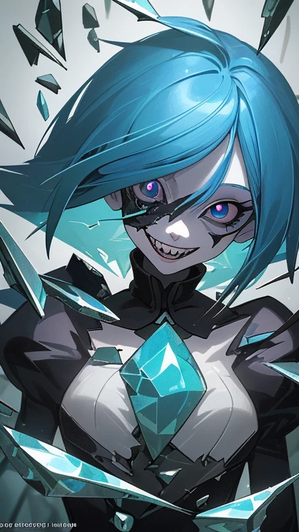 The image features a digital illustration of a close-up of a female anime character with blue hair and a creepy smile. Her teeth are sharp and she appears to be laughing. The background is made up of broken glass.