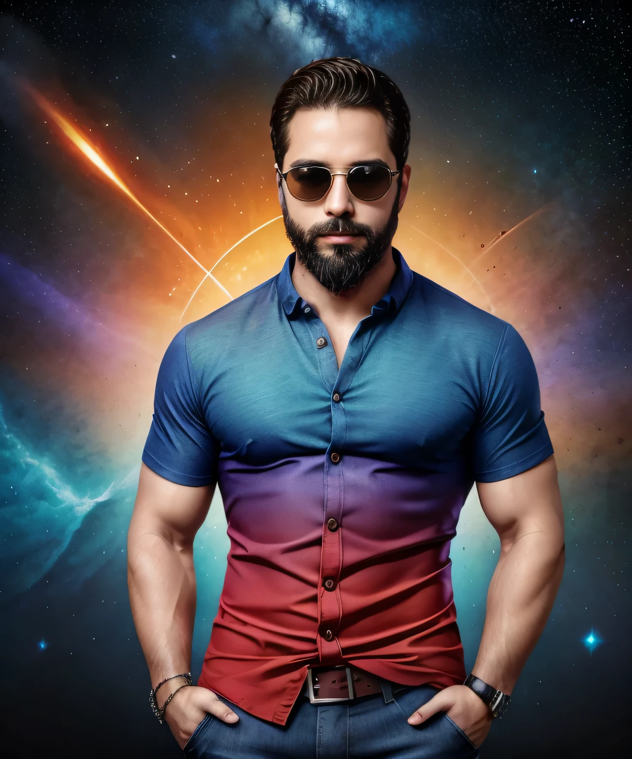 Obra maestra, desenfoque de campo, Parte superior del cuerpo, Hands in pants pockets, 38 year old man with beard and square sunglasses. Man wearing a shirt with a color gradient in the space movie with a solar  explosion in the background.